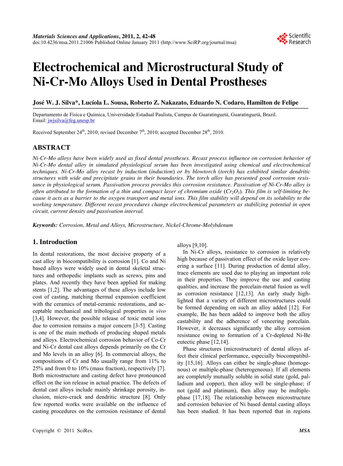 First page of Electrochemical and Microstructural Study of Ni-Cr-Mo Alloys Used in Dental Prostheses