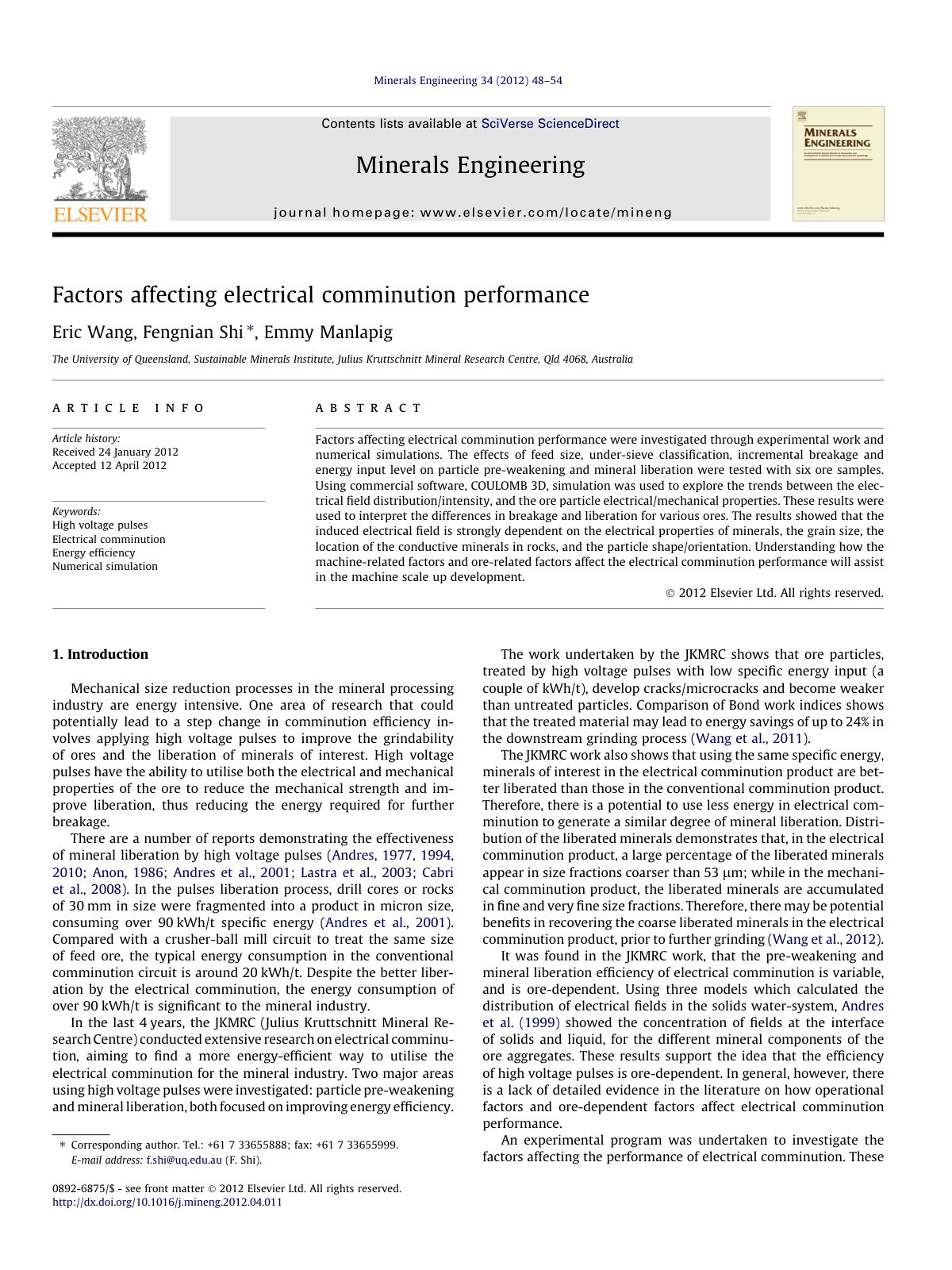 First page of Factors affecting electrical comminution performance