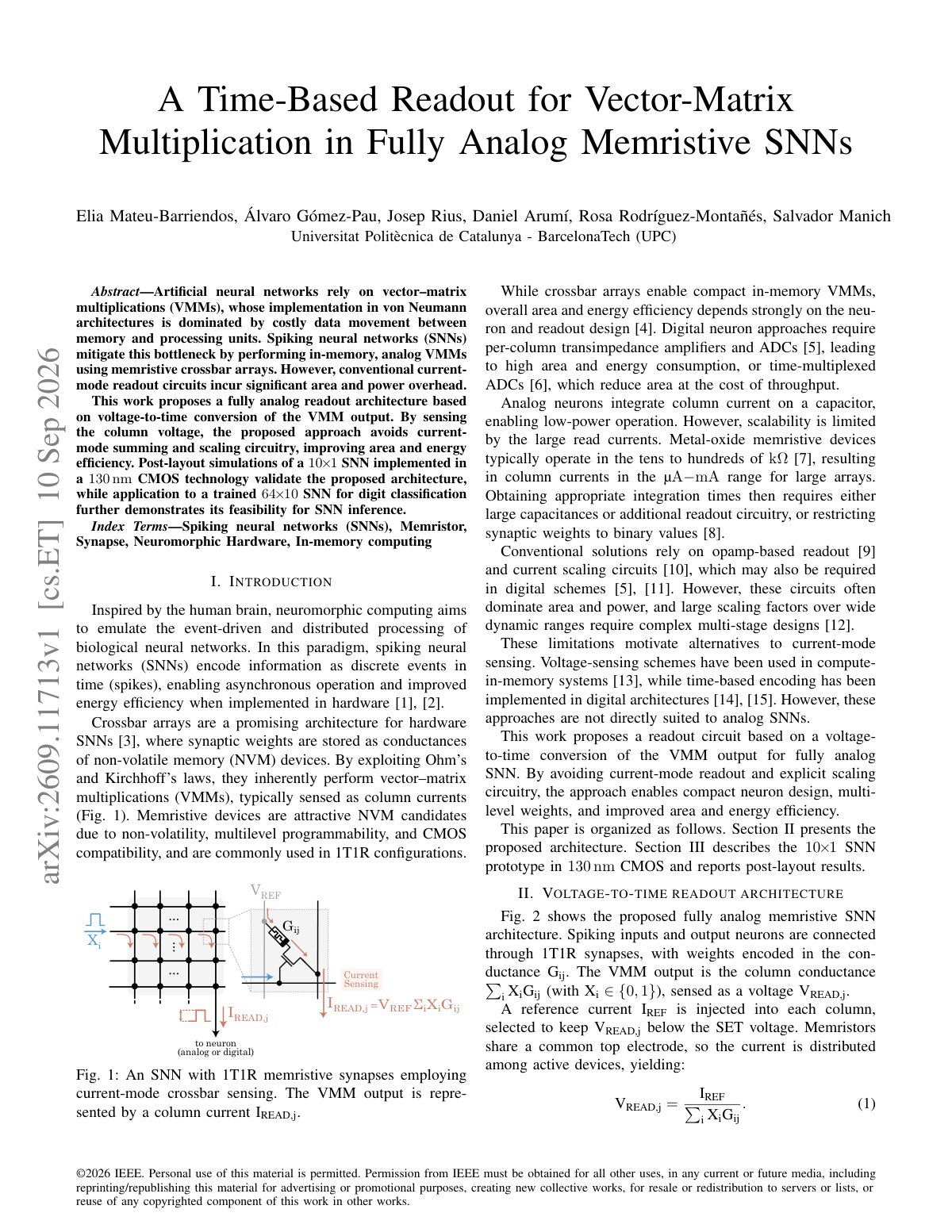 First page of 2026 MateuBarriendos Analog Memristive SNN Readout
