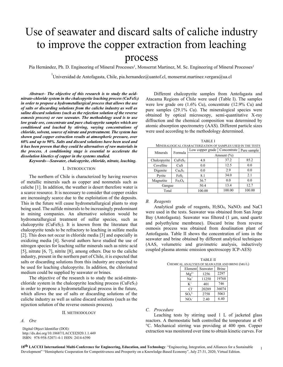First page of Use of seawater and discard salts of caliche industry to improve the copper extraction from leaching process