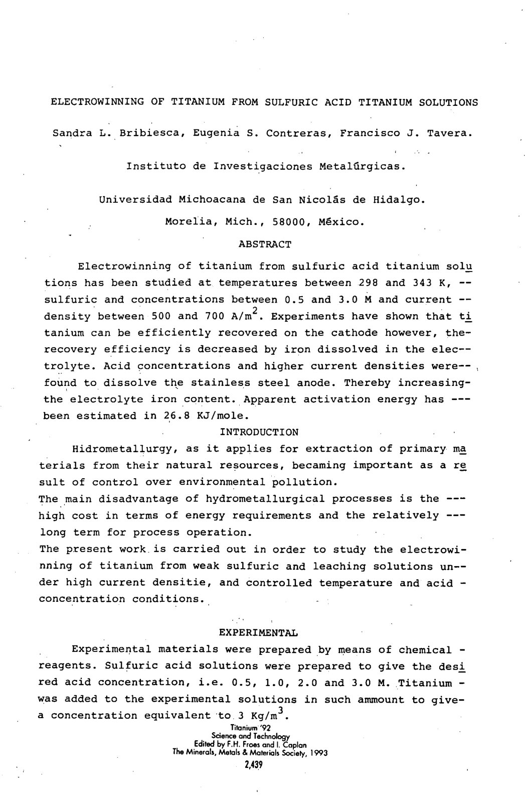 First page of 1992 Vol.3 2 Electrowinning of Titanium From Sulfuric Sandra L. Bribiesca