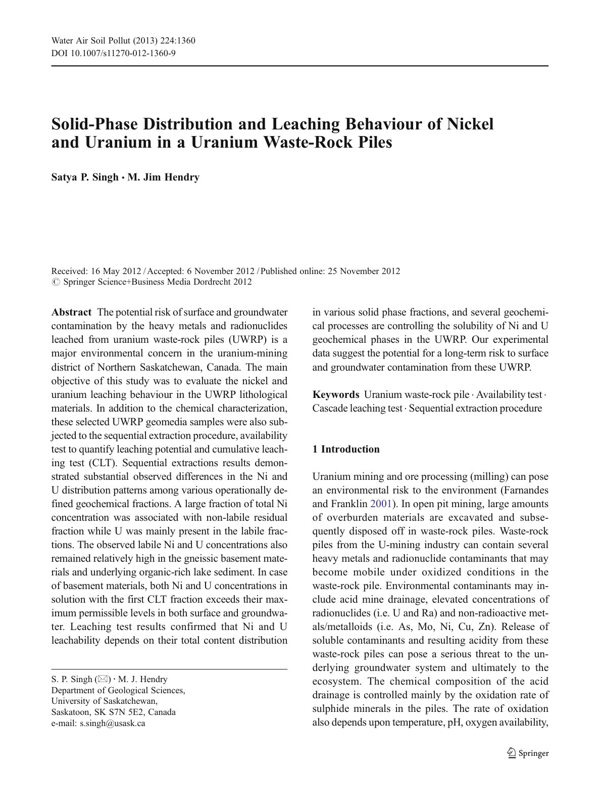 First page of Solid-Phase Distribution and Leaching Behaviour of Nickel and Uranium in a Uranium Waste-Rock Piles