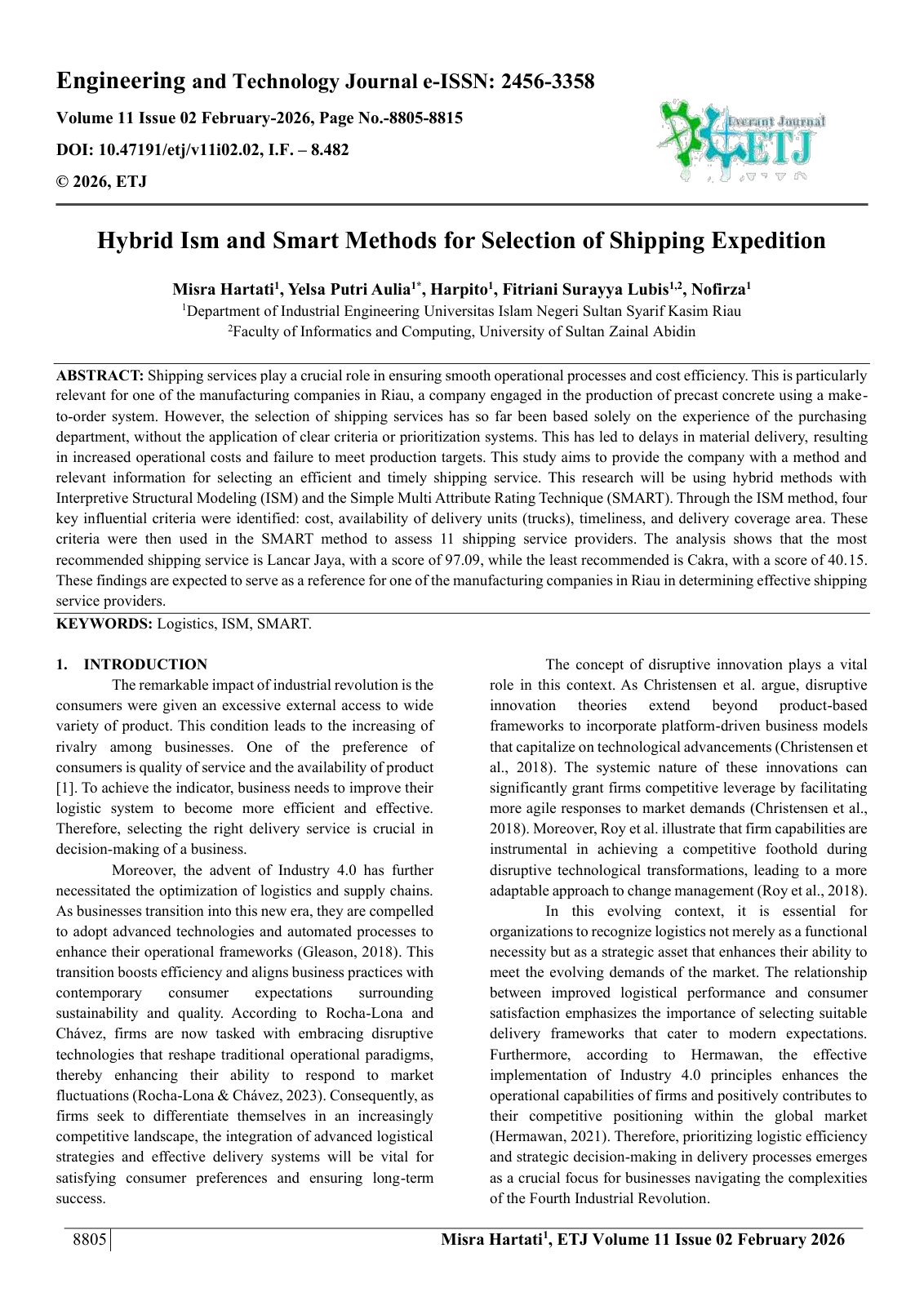 First page of Hybrid Ism and Smart Methods for Selection of Shipping Expedition 
