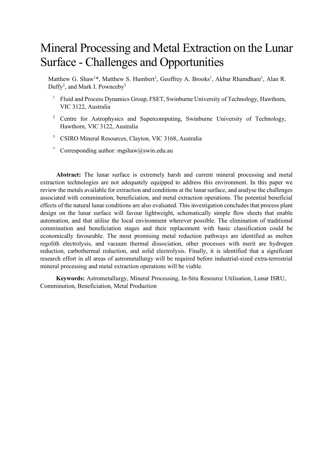 First page of Mineral Processing and Metal Extraction on the Lunar Surface - Challenges and Opportunities