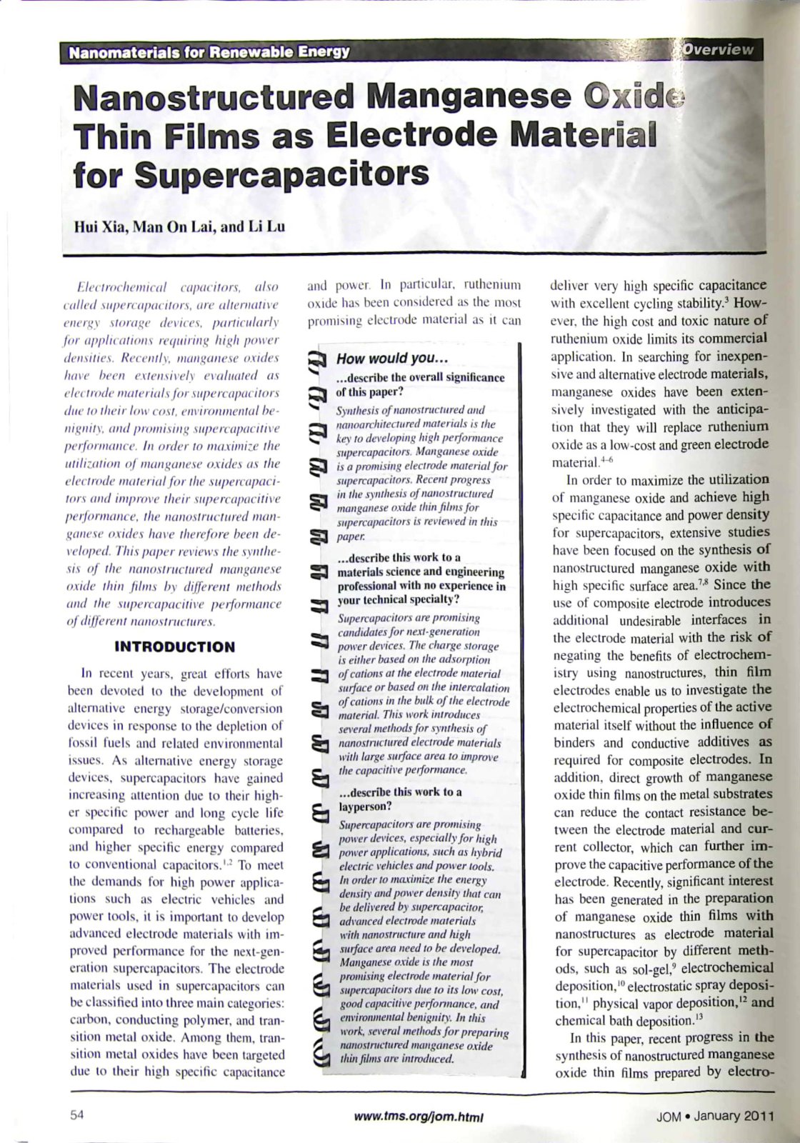 First page of Nanomaterials for Renewable Energy Overview Nanostructured Manganese Oxide Thin Films as Electrode Material for Supercapacitors