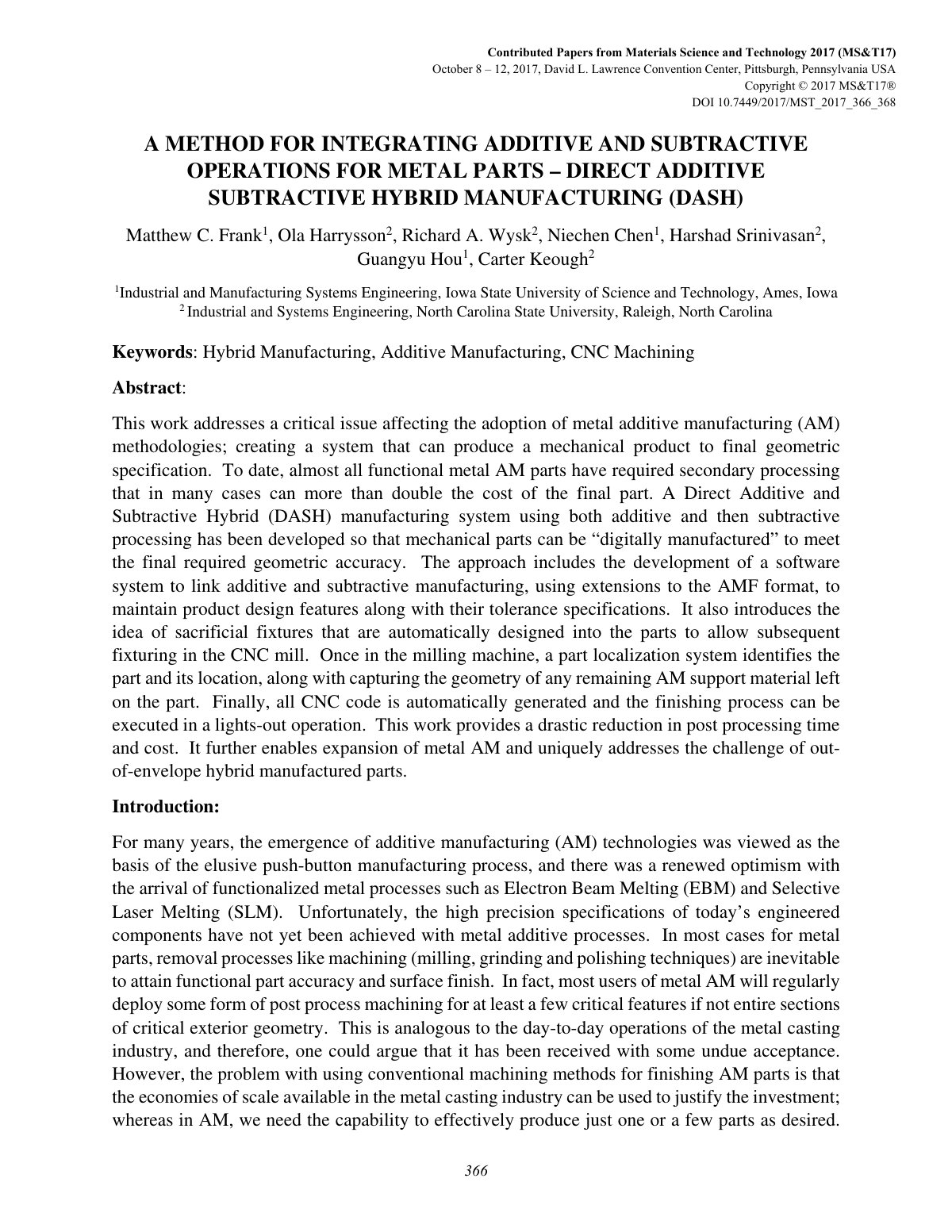 First page of A METHOD FOR INTEGRATING ADDITIVE AND SUBTRACTIVE OPERATIONS FOR METAL PARTS – DIRECT ADDITIVE SUBTRACTIVE HYBRID MANUFACTURING (DASH)