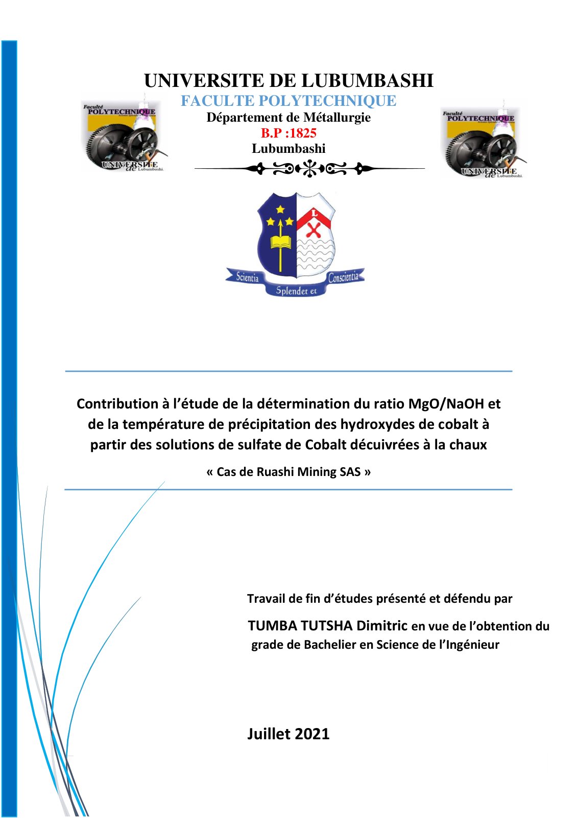 First page of Contribution à l’étude de la détermination du ratio MgO/NaOH et de la température de précipitation des hydroxydes de cobalt à partir des solutions de sulfate de Cobalt décuivrées à la chaux « Cas de Ruashi Mining SAS »