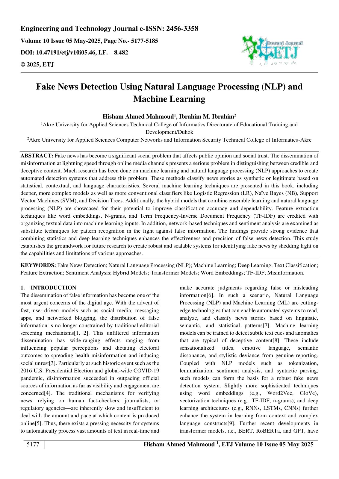 First page of Fake News Detection Using Natural Language Processing (NLP) and  Machine Learning 