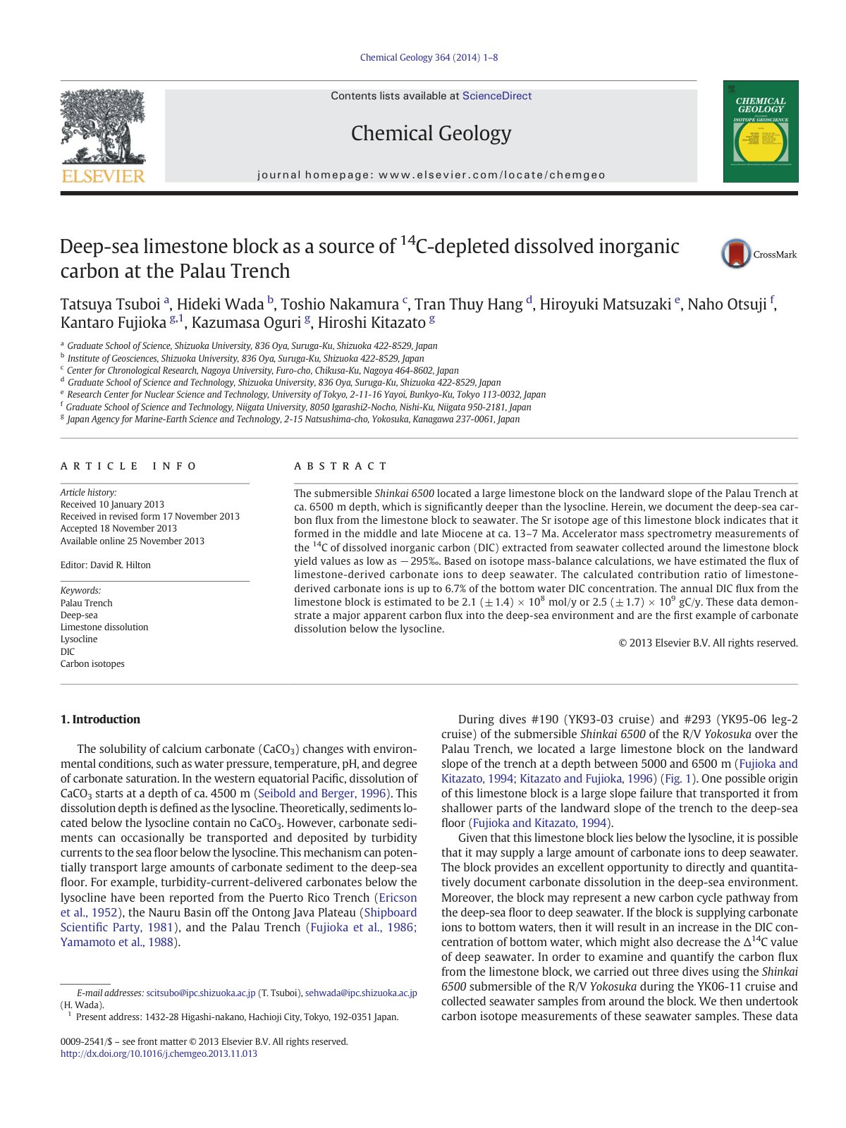 First page of Deep-sea limestone block as a source of14C-depleted dissolved inorganic carbon at the Palau Trench