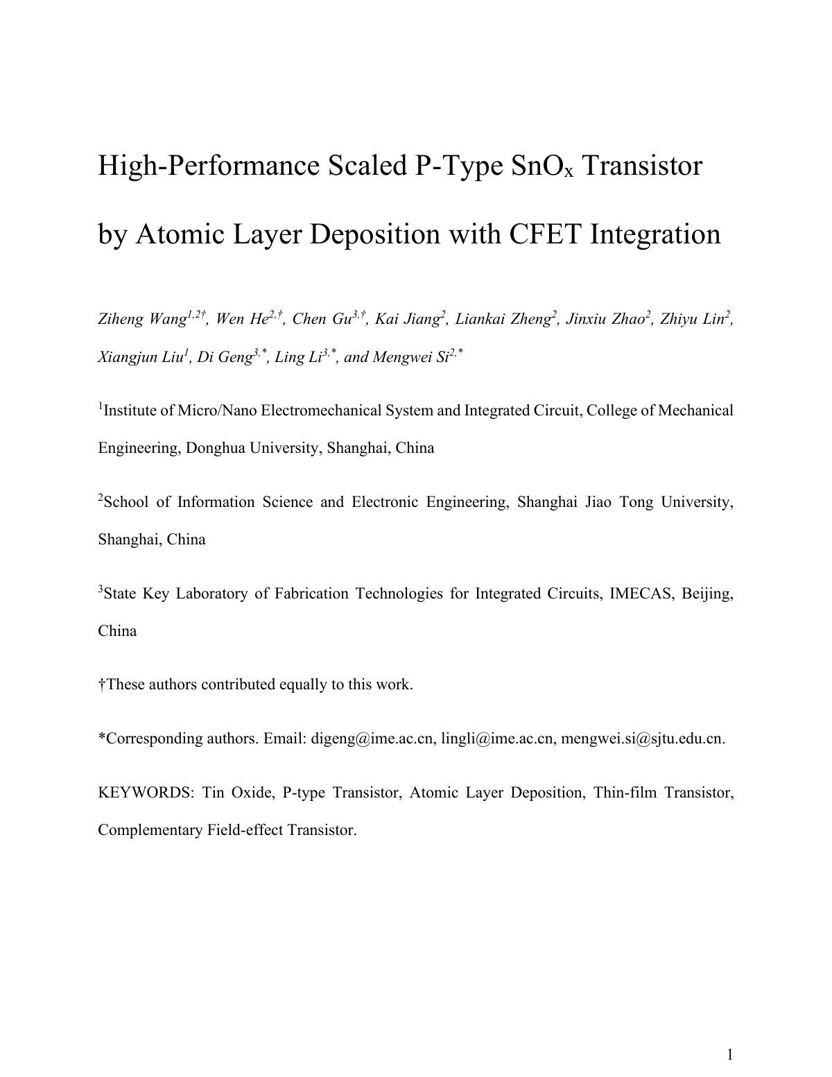 First page of 2026 Wang SnOx Transistor CFET Integration