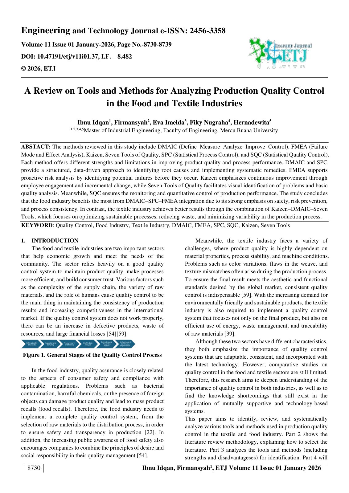 First page of A Review on Tools and Methods for Analyzing Production Quality Control  in the Food and Textile Industries  