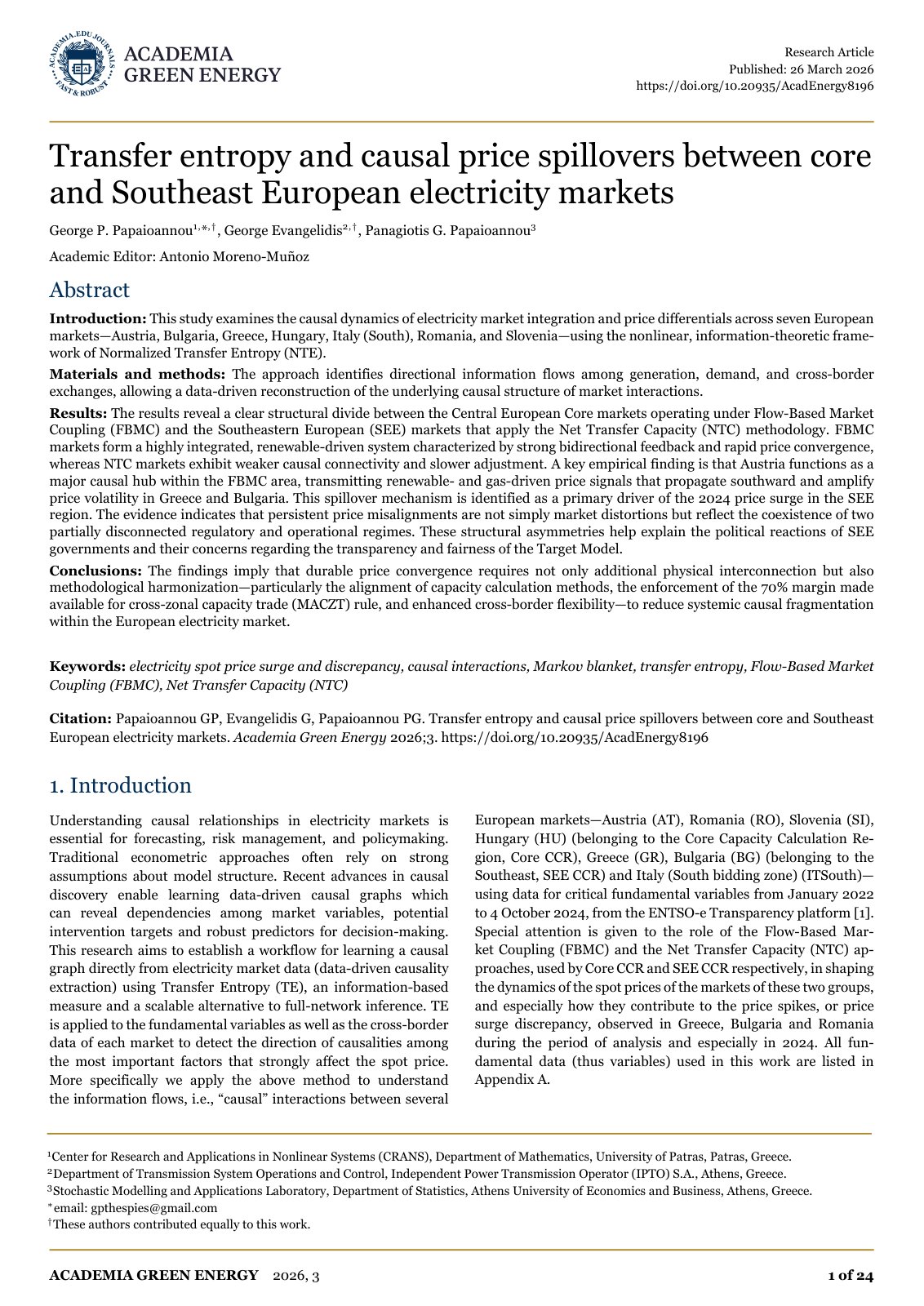 First page of Transfer entropy and causal price spillovers between core and Southeast European electricity markets