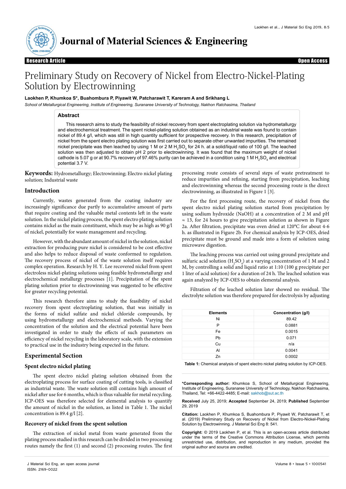 First page of Preliminary Study on Recovery of Nickel