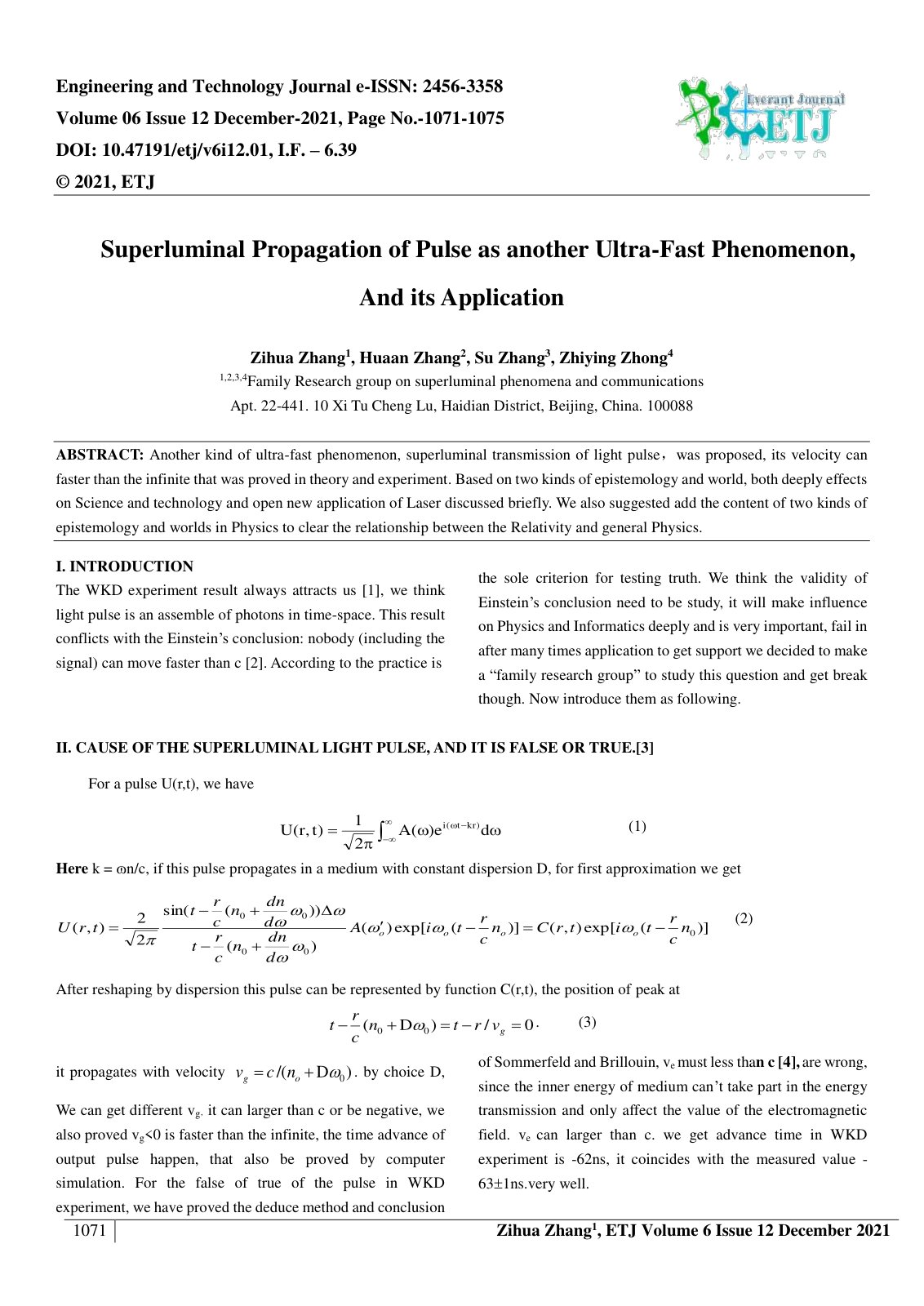 First page of Superluminal Propagation of Pulse as another Ultra Fast Phenomenon, 