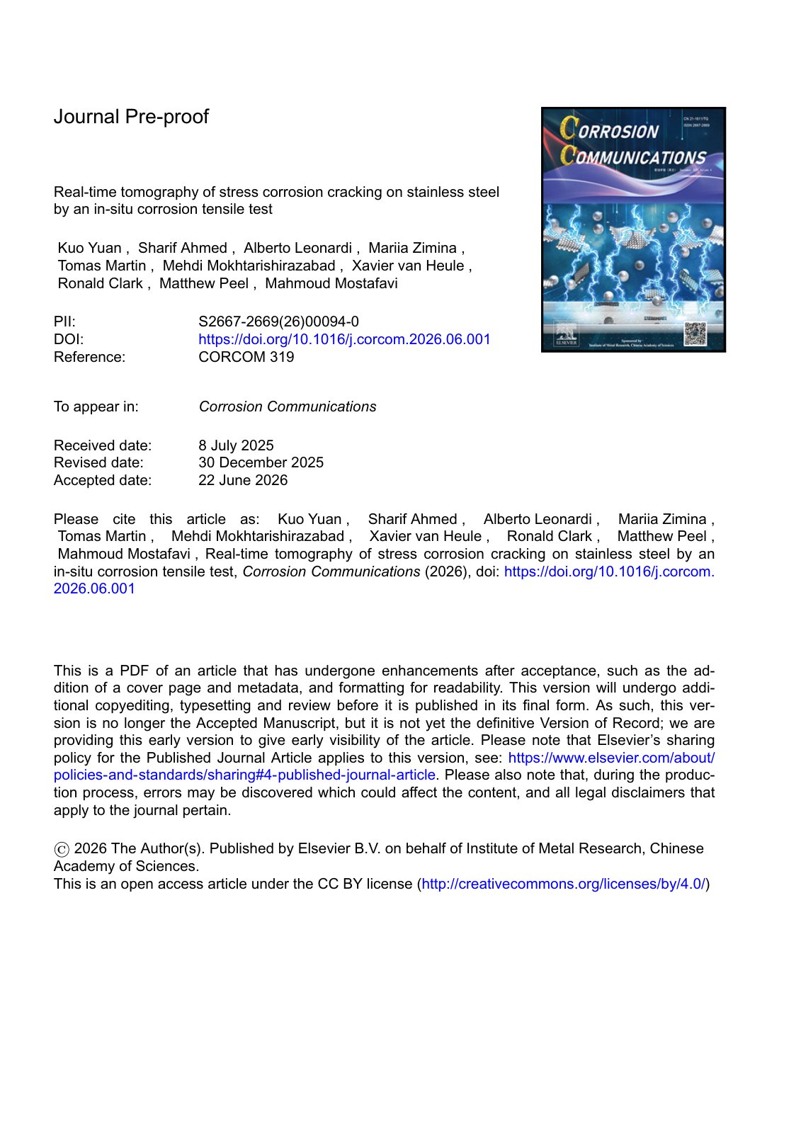 First page of Real-time tomography of stress corrosion cracking on stainless steel by an in-situ corrosion tensile test