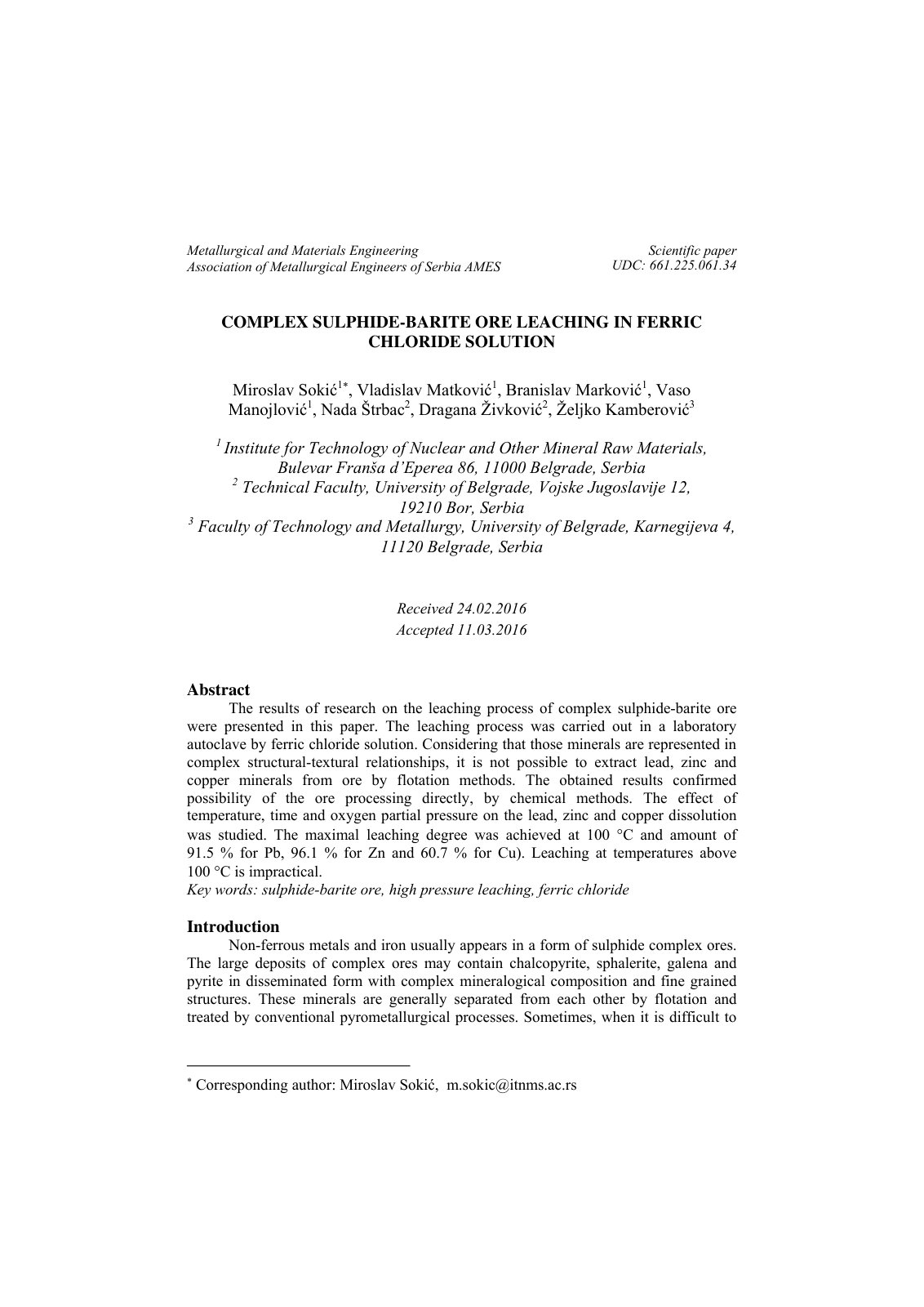 First page of COMPLEX SULPHIDE-BARITE ORE LEACHING IN FERRIC CHLORIDE SOLUTION