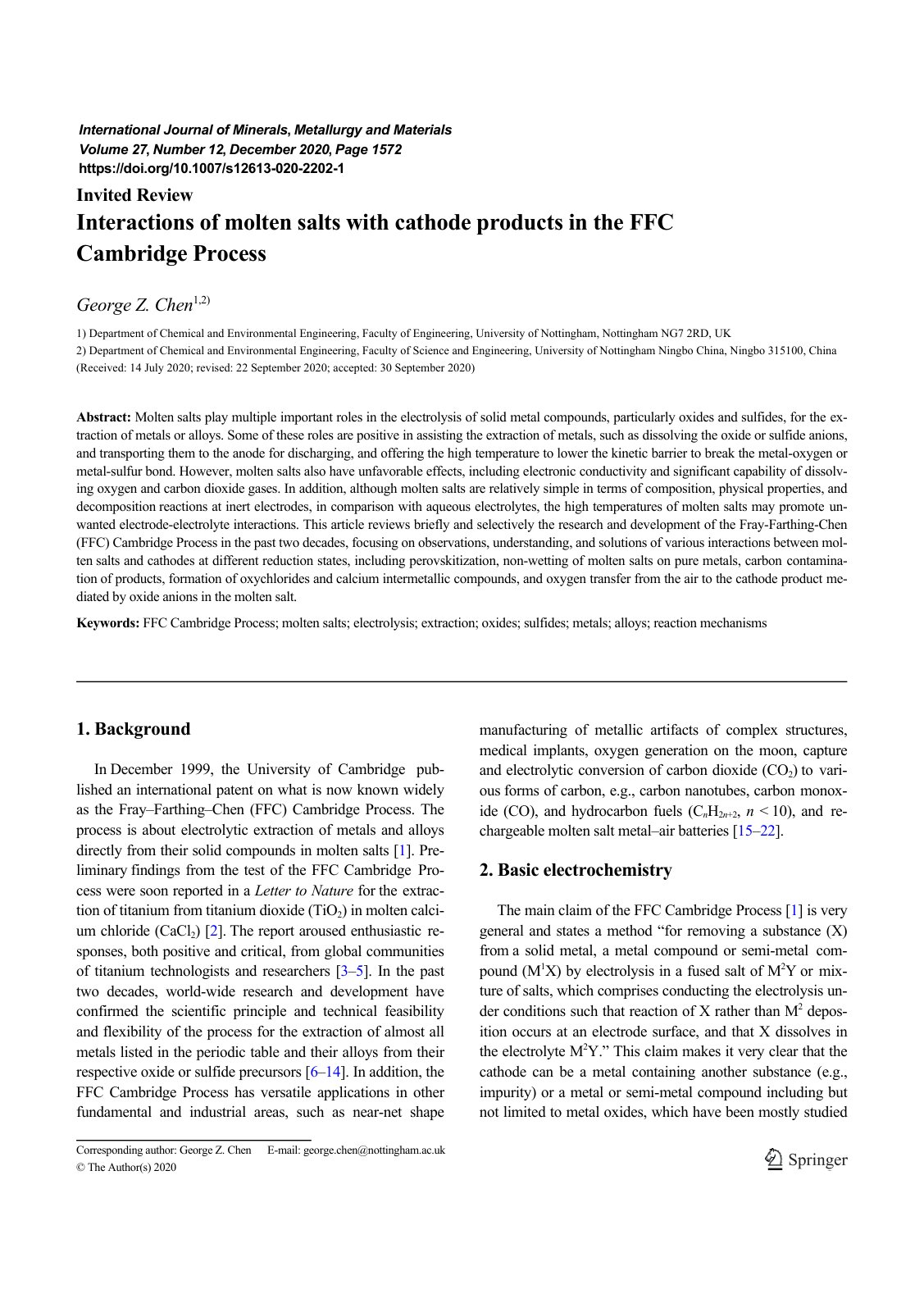 First page of Interactions of molten salts with cathode products in the FFC Cambridge Process