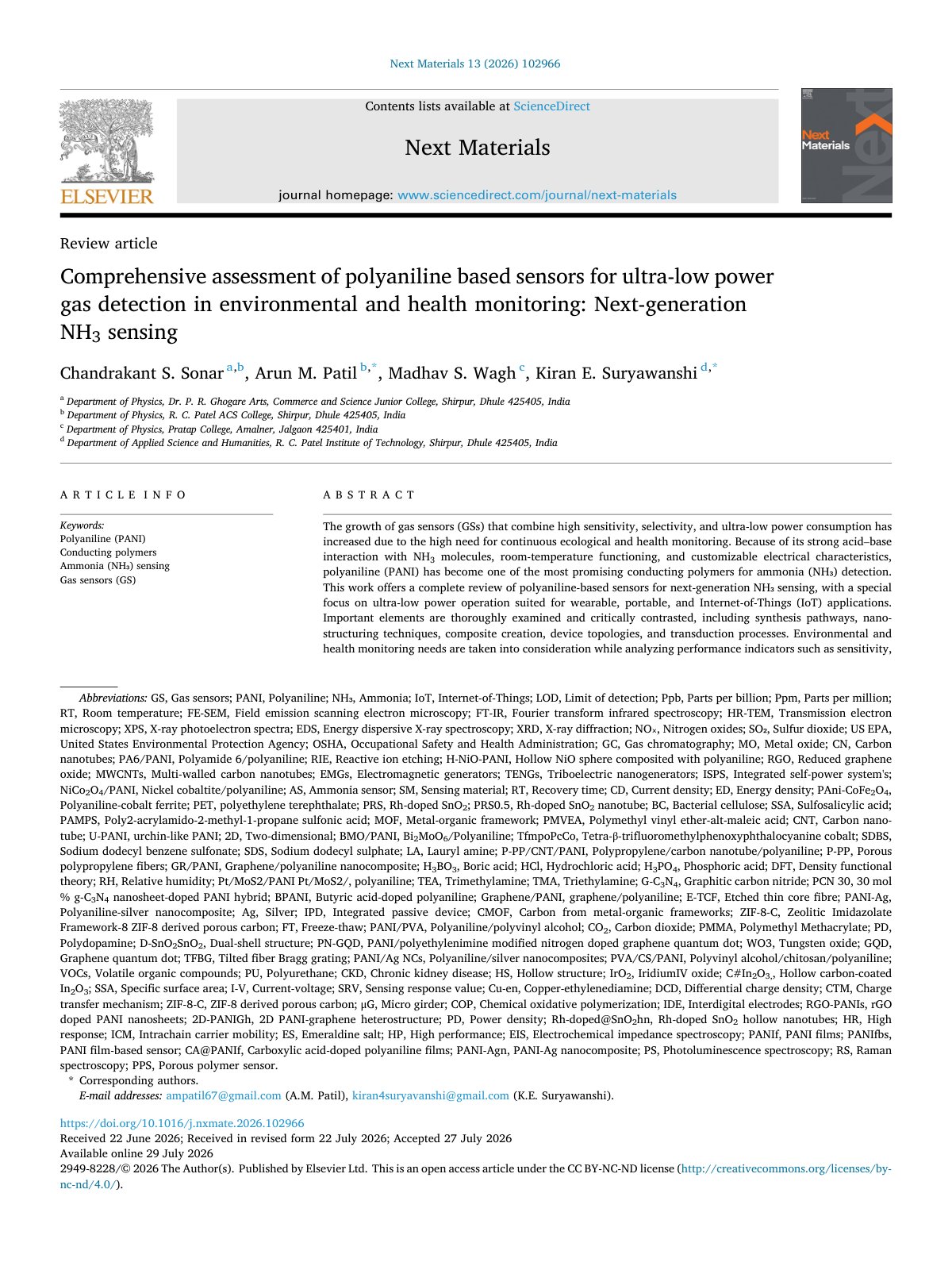 First page of Comprehensive assessment of polyaniline based sensors for ultra l 2026 Next 