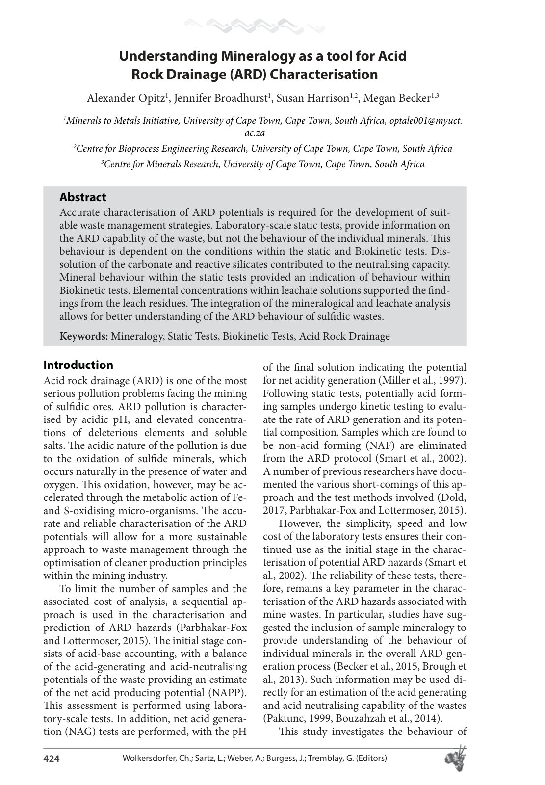 First page of Understanding Mineralogy as a tool for Acid Rock Drainage (ARD) Characterisation