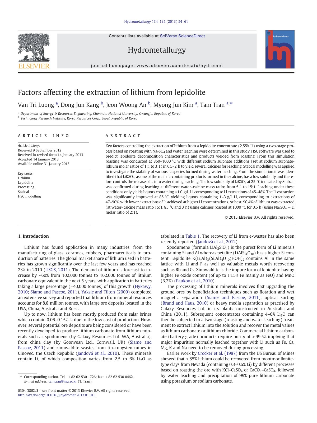 First page of Factors affecting the extraction of lith