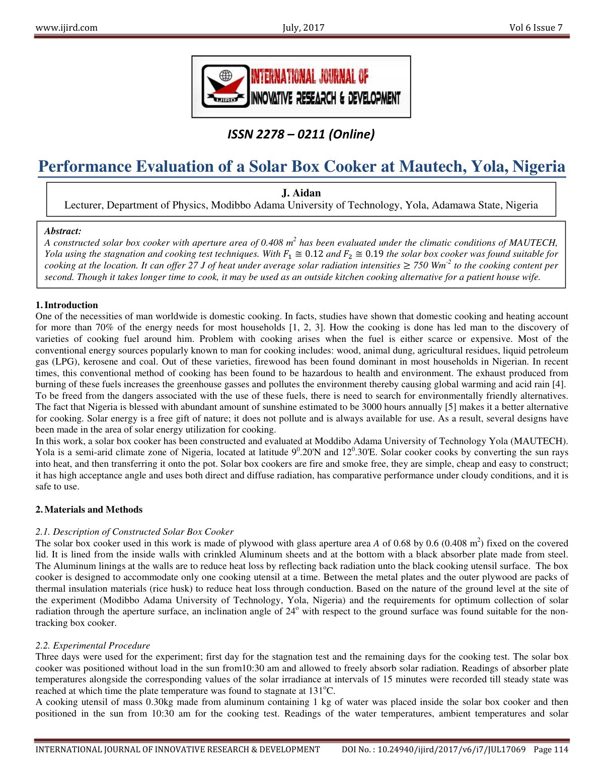 First page of Performance Evaluation of a Solar Box Co