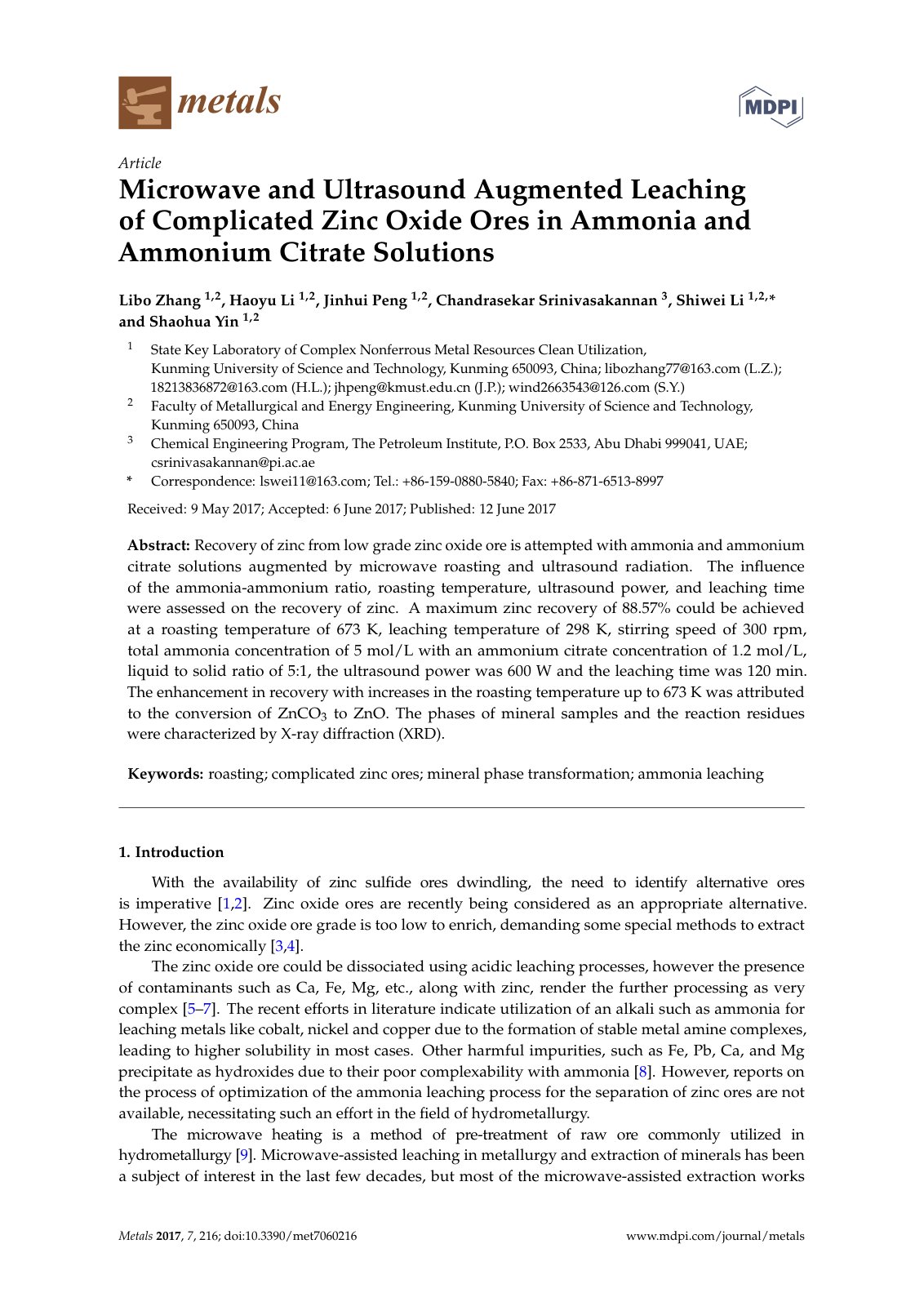 First page of Microwave and Ultrasound Augmented Leaching of Complicated Zinc Oxide Ores in Ammonia and Ammonium Citrate Solutions
