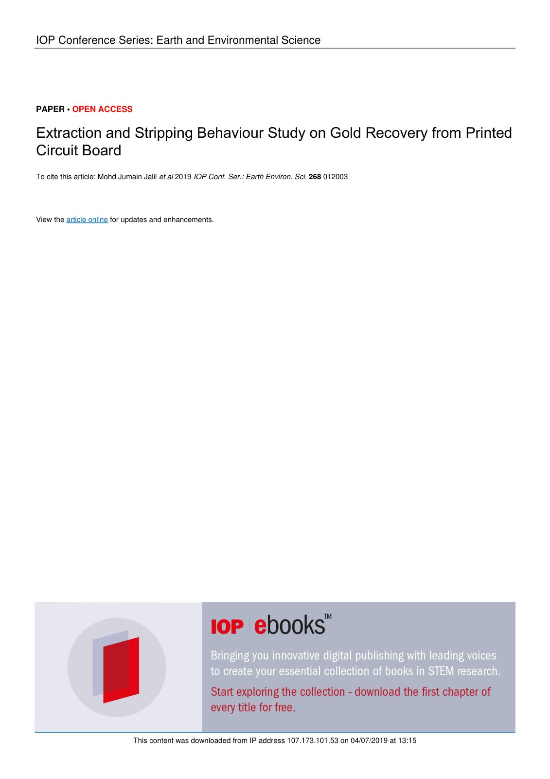 First page of Extraction and Stripping Behaviour Study