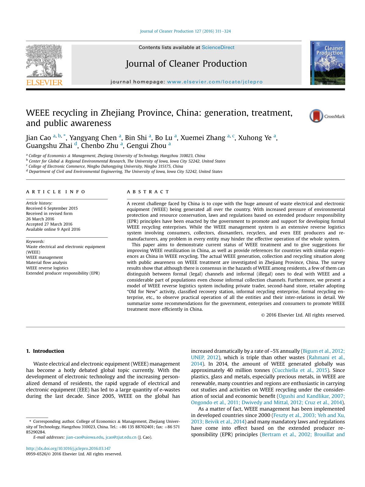 First page of WEEE recycling in Zhejiang Province  China  generatio 2016 Journal of Cleane