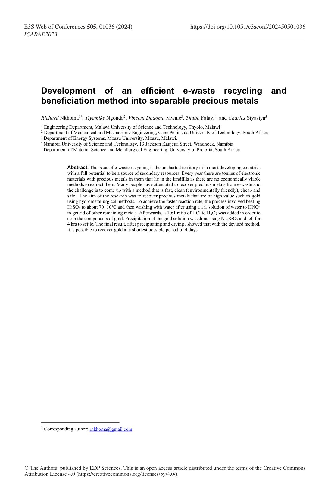 First page of Development of an efficient e waste recy