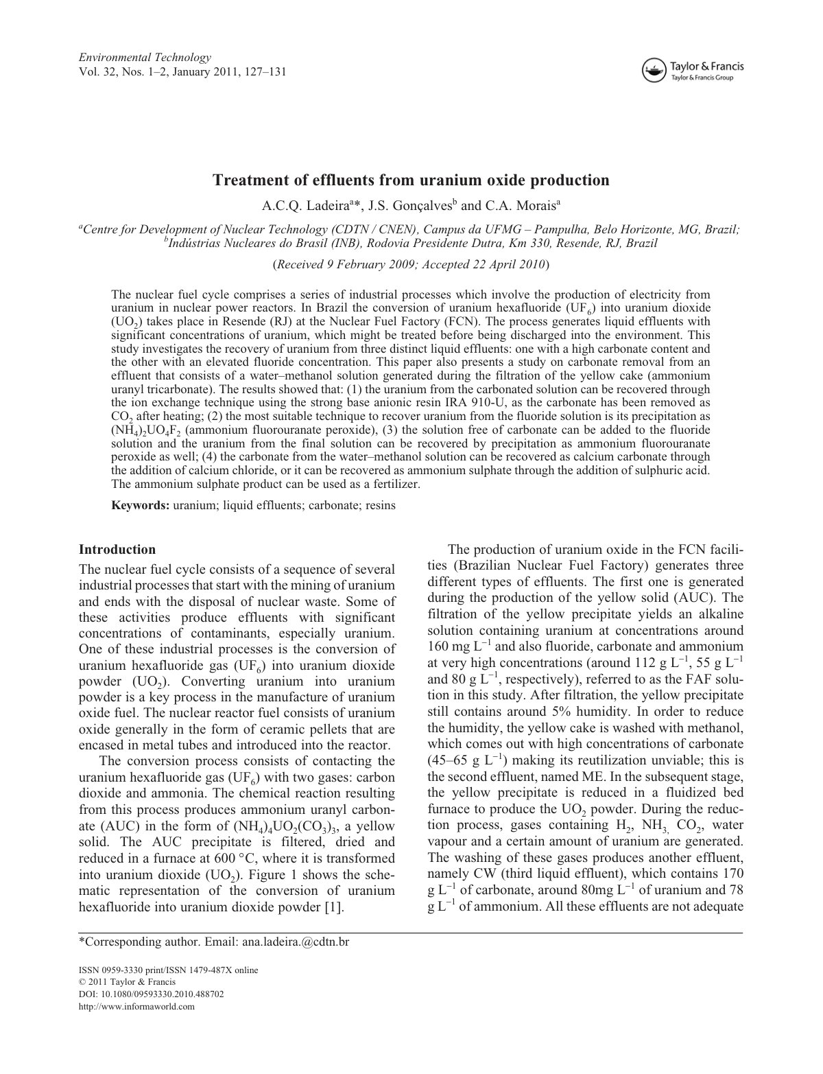 First page of Treatment of effluents from uranium oxid