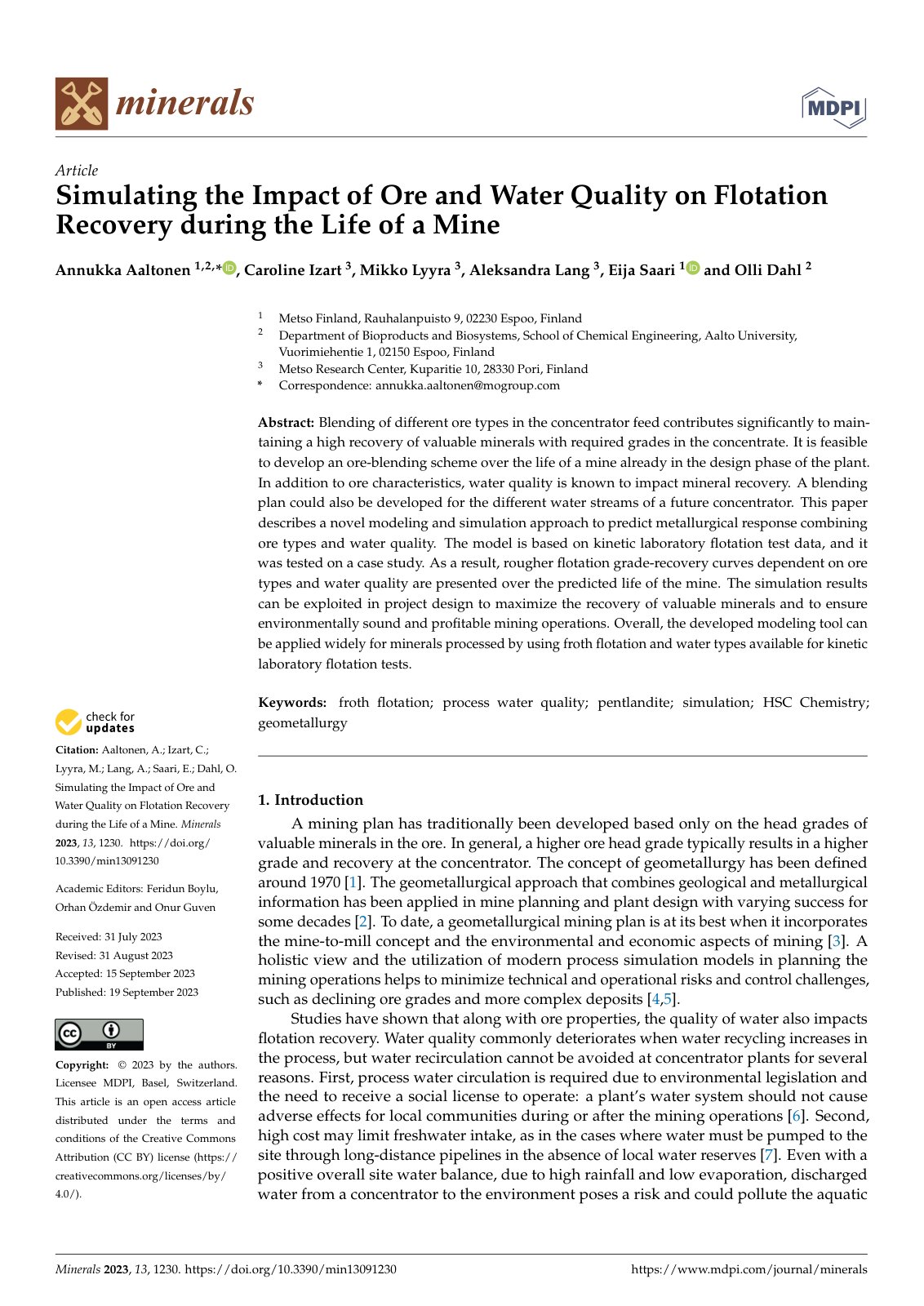 First page of Simulating the Impact of Ore and Water Quality on Flotation Recovery during the Life of a Mine