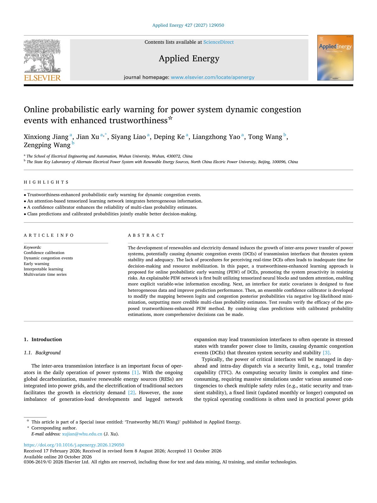 First page of Online probabilistic early warning for power system dynamic co 2027 Applied 
