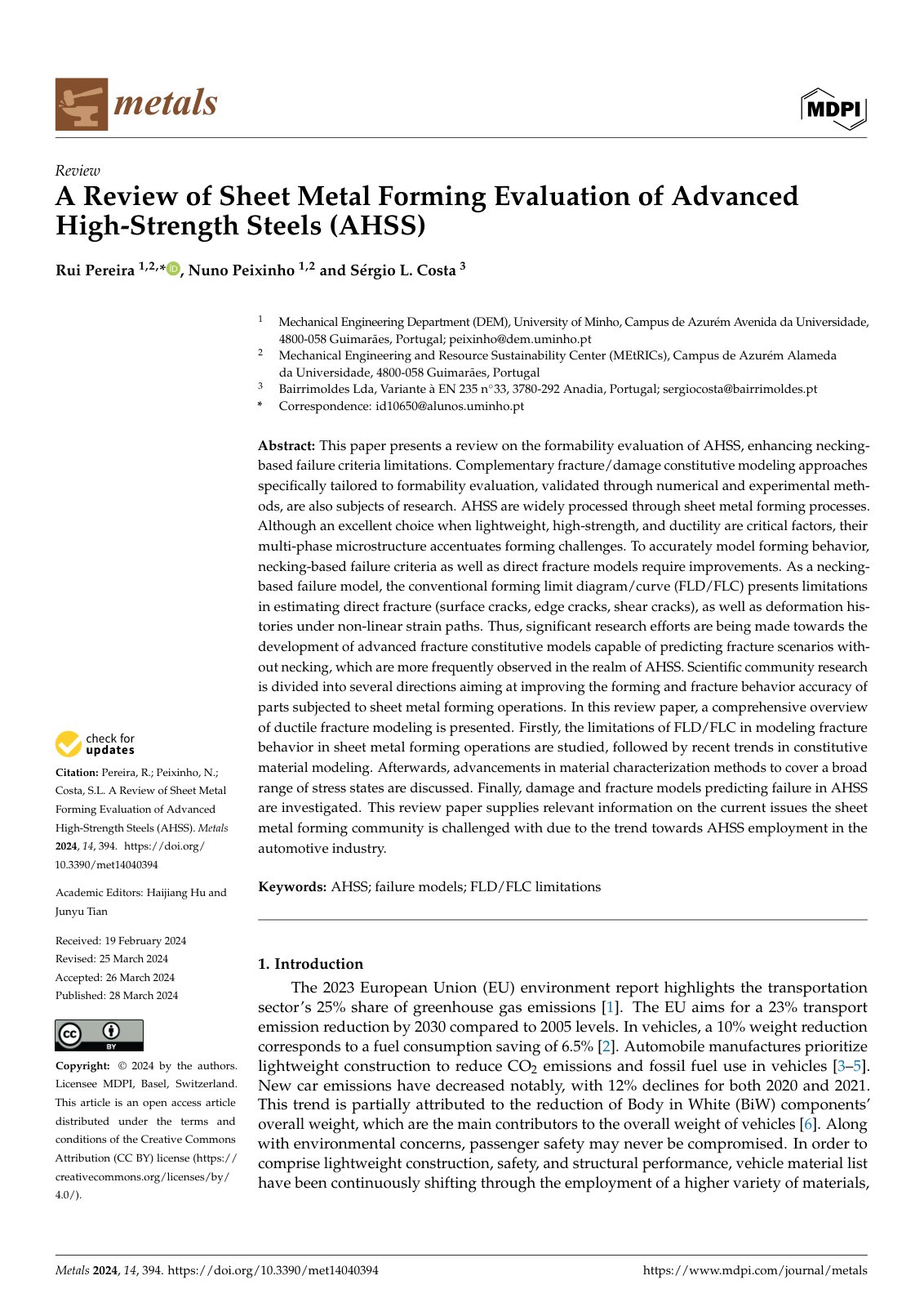 First page of A Review of Sheet Metal Forming Evaluation of Advanced High-Strength Steels (AHSS)