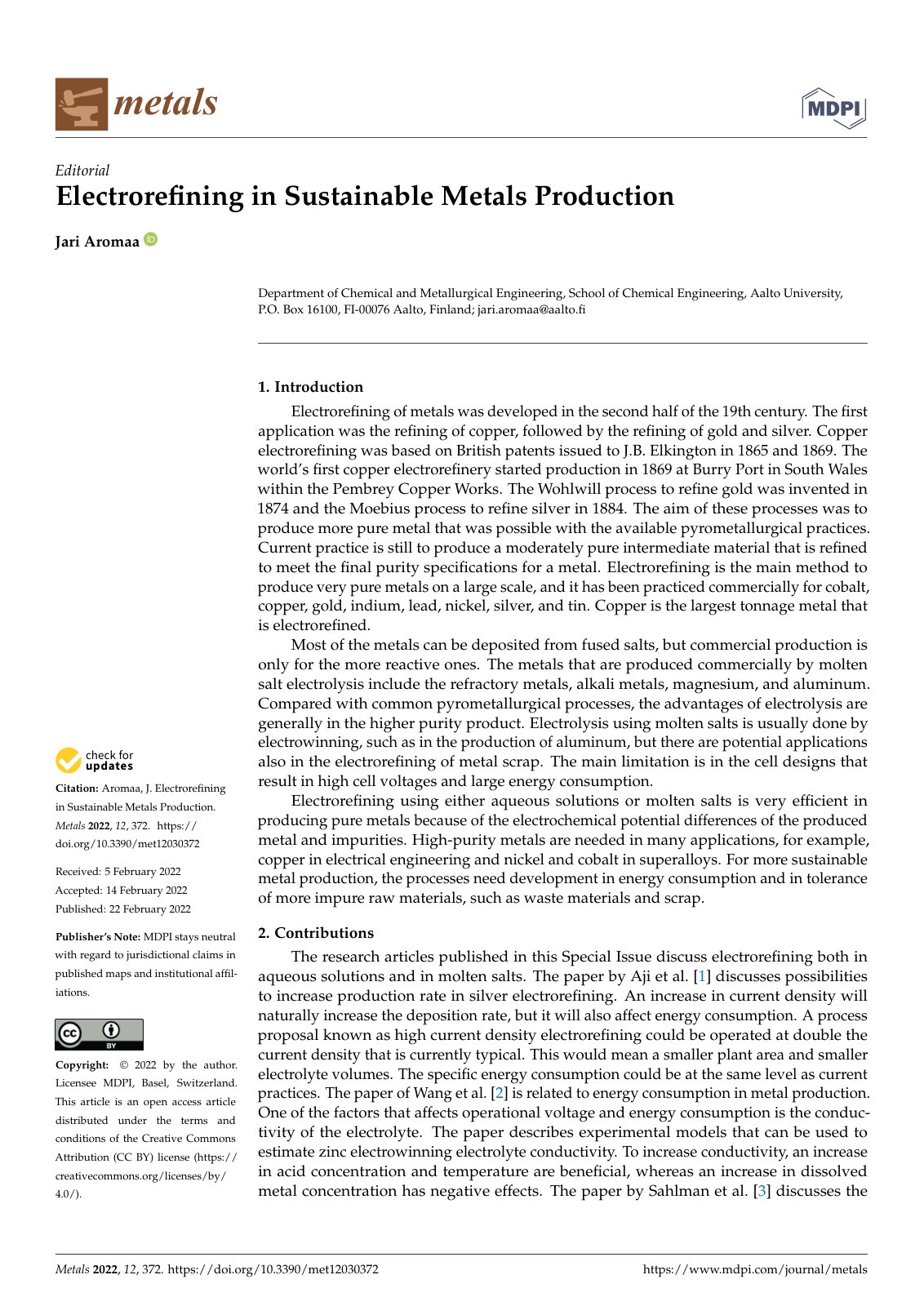 First page of Electroreﬁning in Sustainable Metals Production