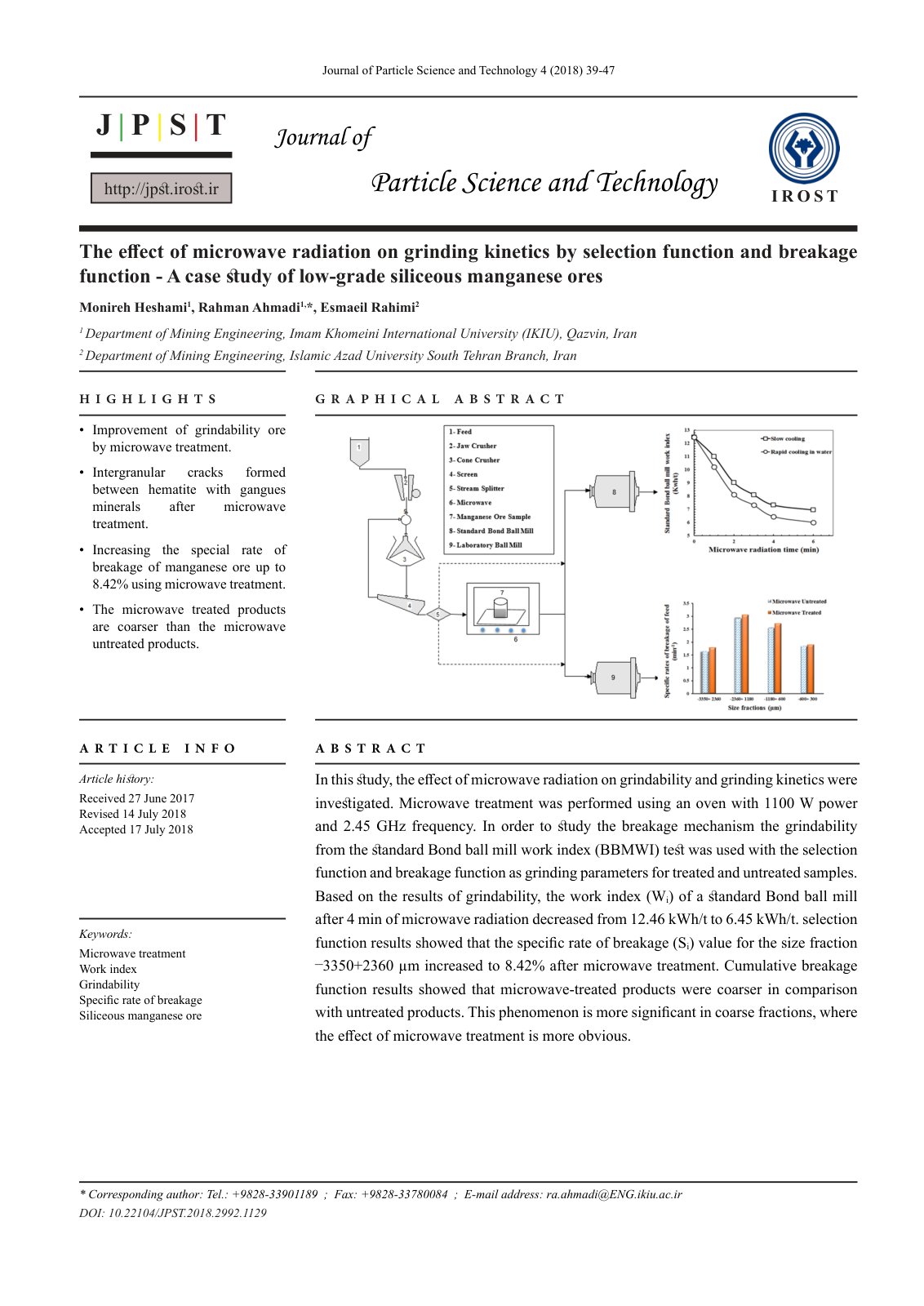 First page of The effect of microwave radiation on grinding kinetics by selection function and breakage function - A case study of low-grade siliceous manganese ores
