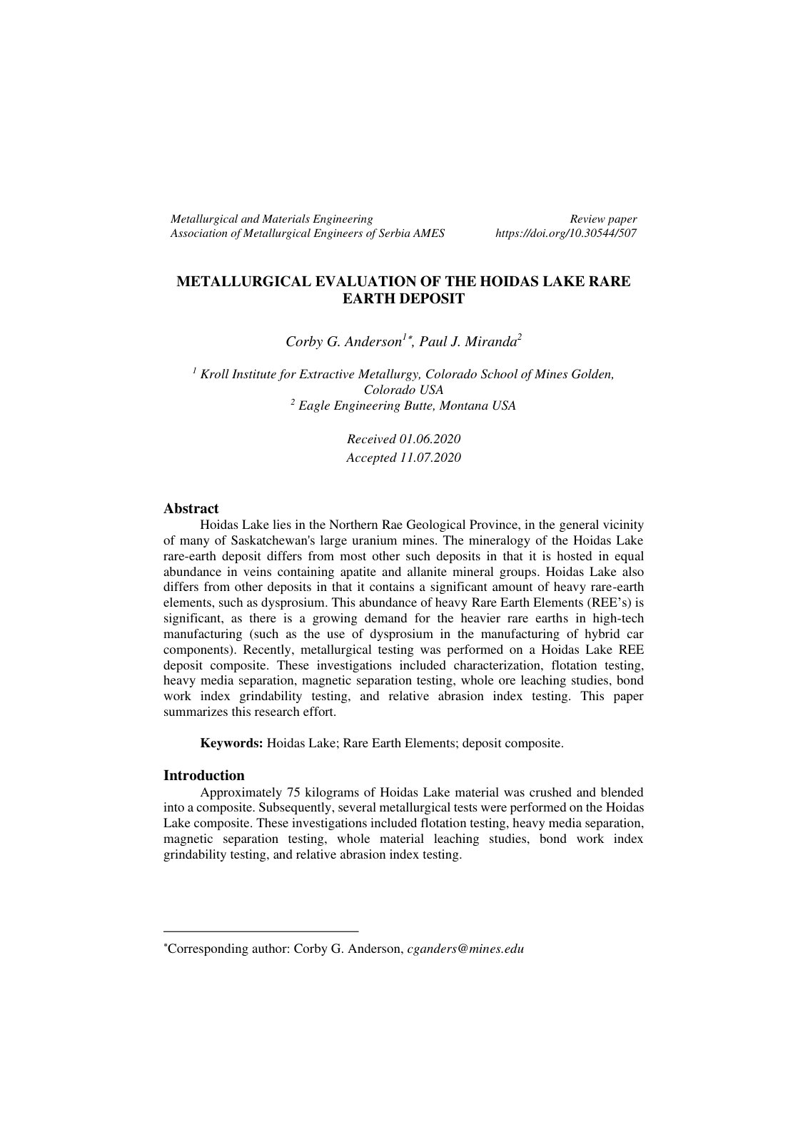 First page of Metallurgical Evaluation of the Hoidas L