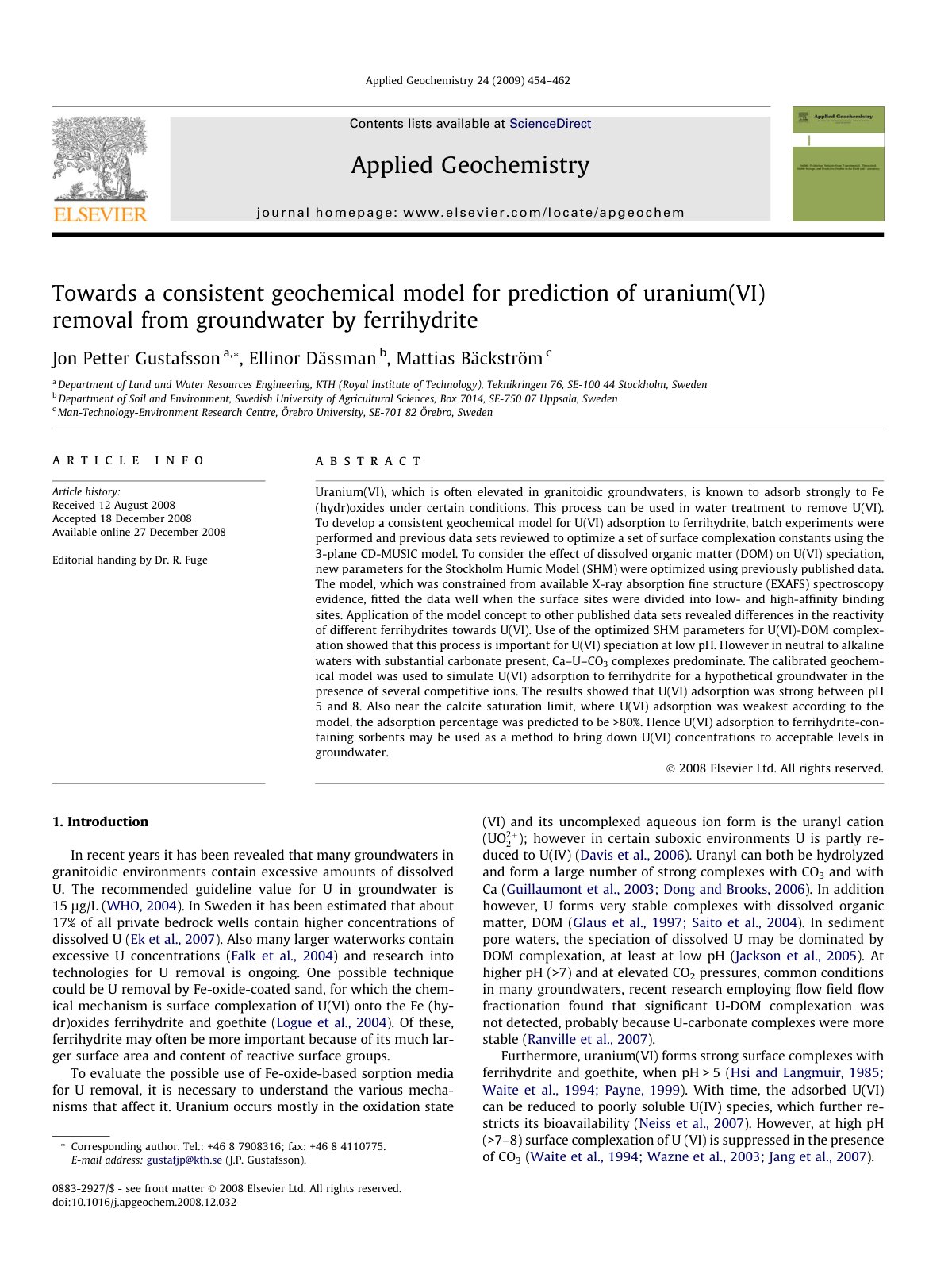 First page of Towards a consistent geochemical model for prediction of uranium(VI) removal from groundwater by ferrihydrite