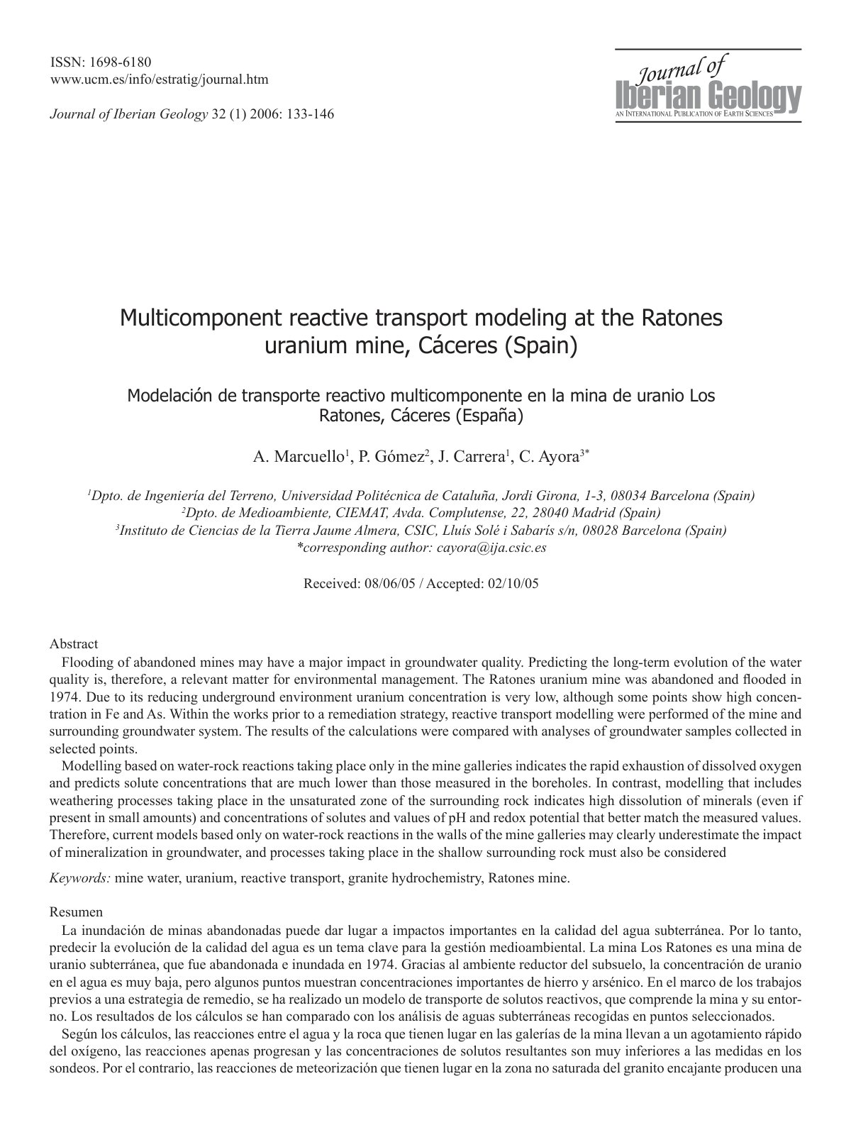 First page of Multicomponent reactive transport modeling at the Ratones uranium mine, Cáceres (Spain)