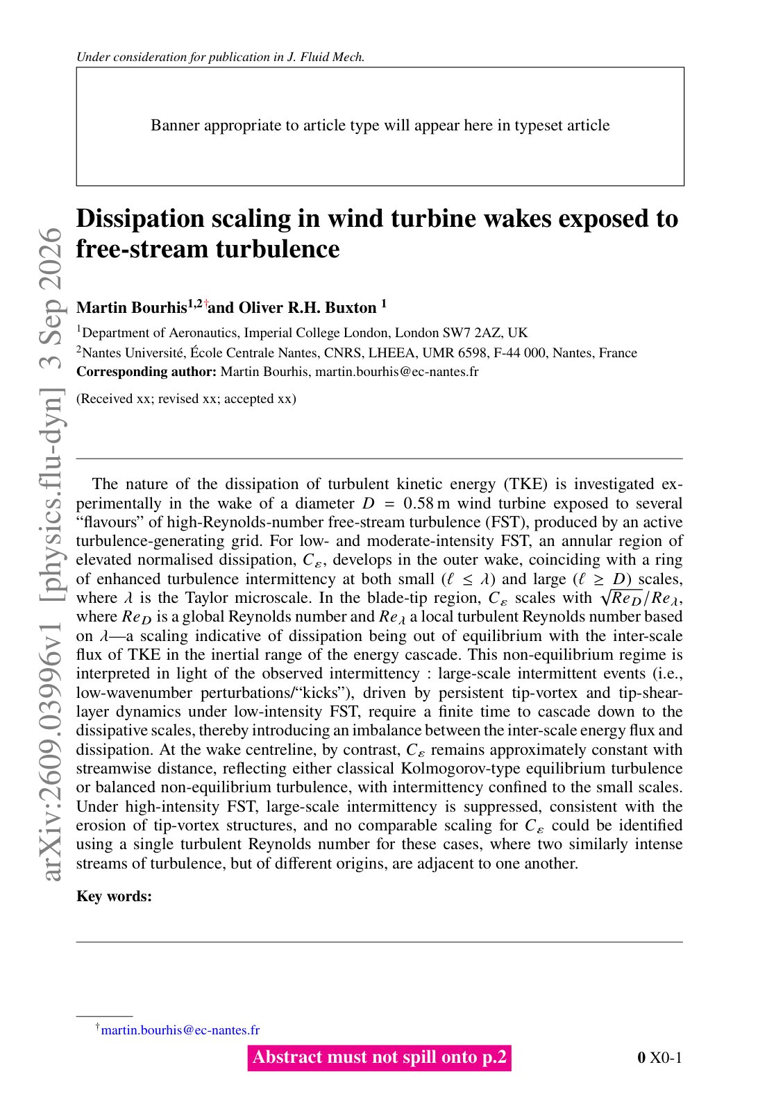 First page of 2026 Bourhis Wind Turbine Wake Dissipation