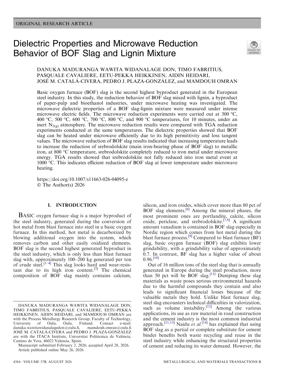 First page of 2026 Widanalage Don BOF Slag Microwave Reduction