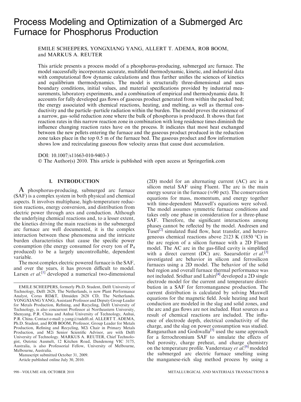 First page of Process Modeling and Optimization of a Submerged Arc Furnace for Phosphorus Production