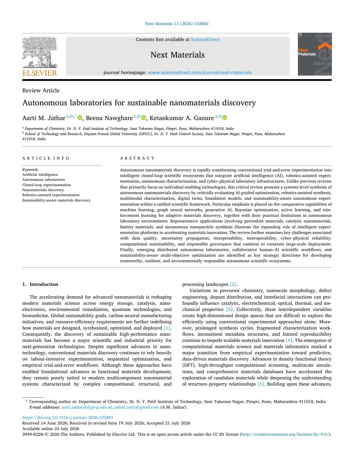 First page of Autonomous laboratories for sustainable nanomaterials disc 2026 Next Materia