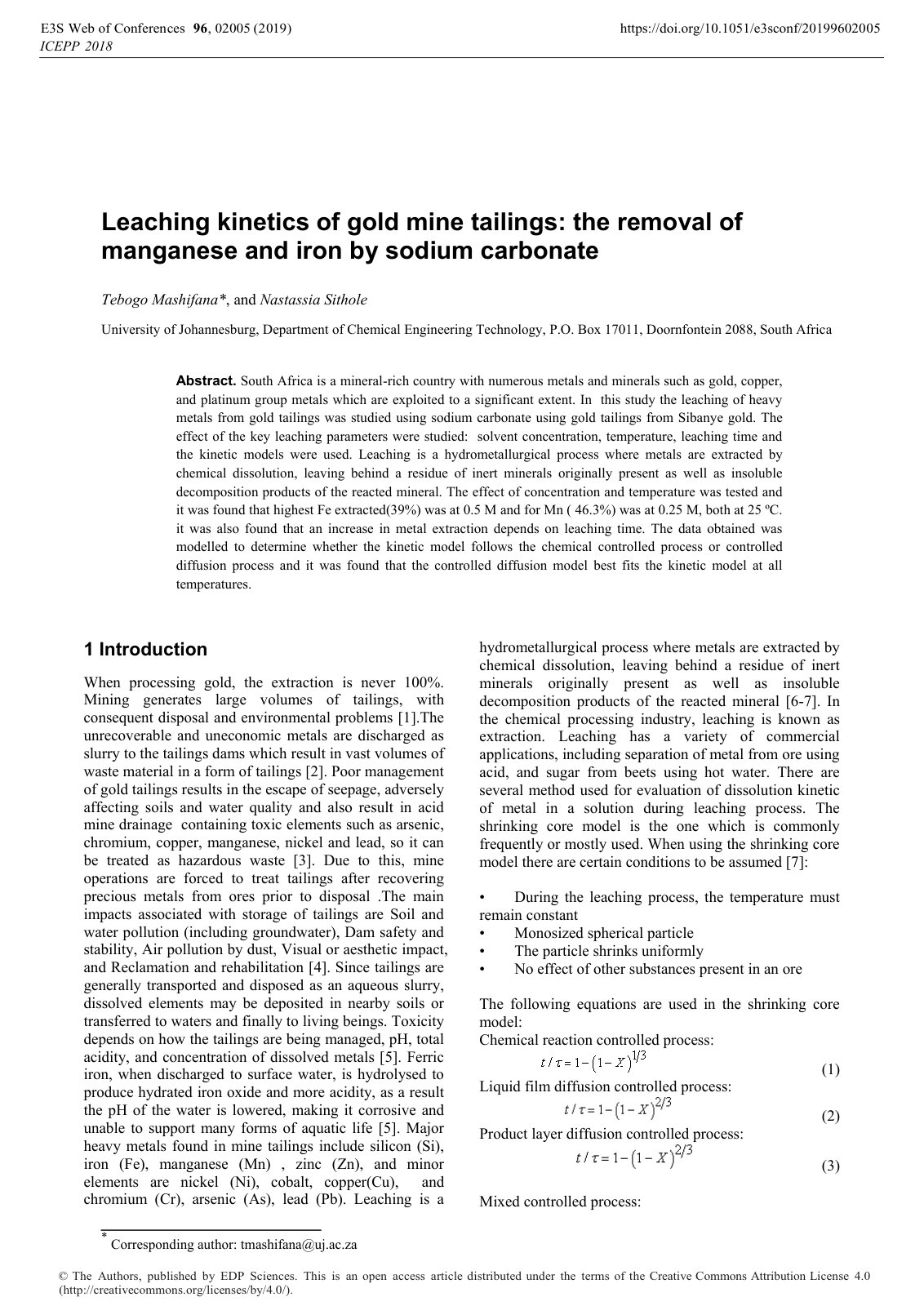 First page of Leaching kinetics of gold mine tailings: the removal of manganese and iron by sodium carbonate