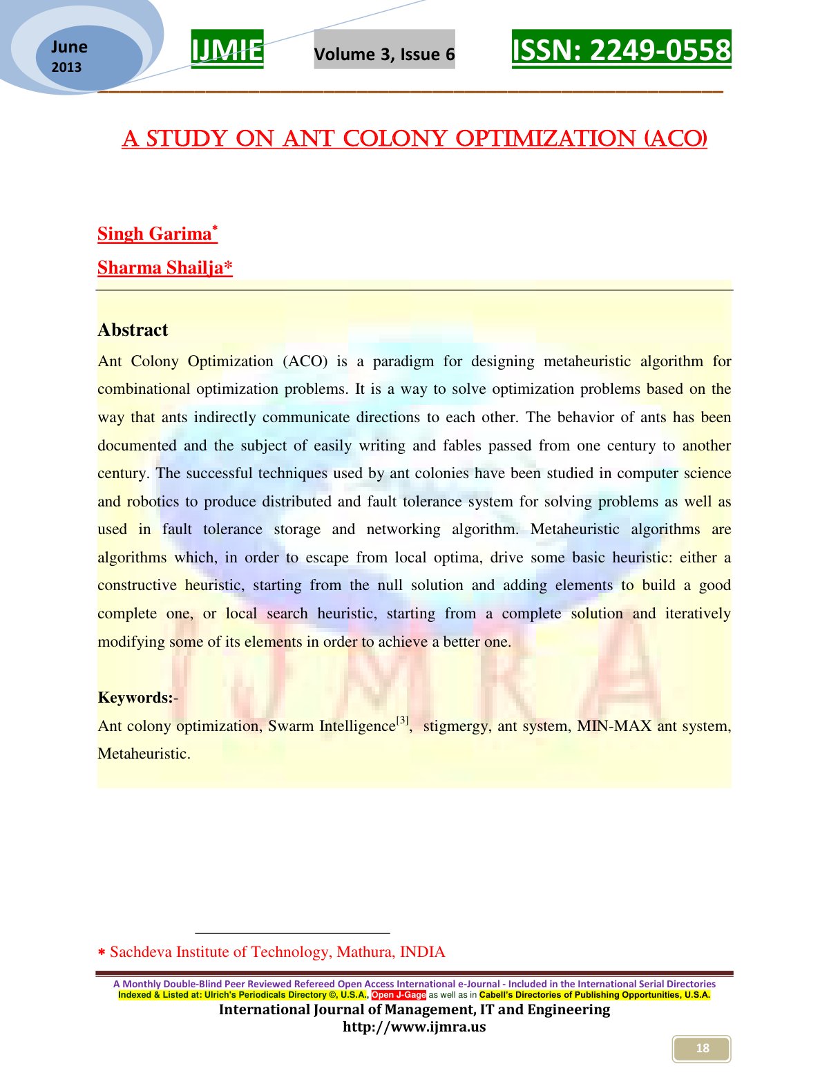 First page of A Study on Ant Colony Optimization ACO