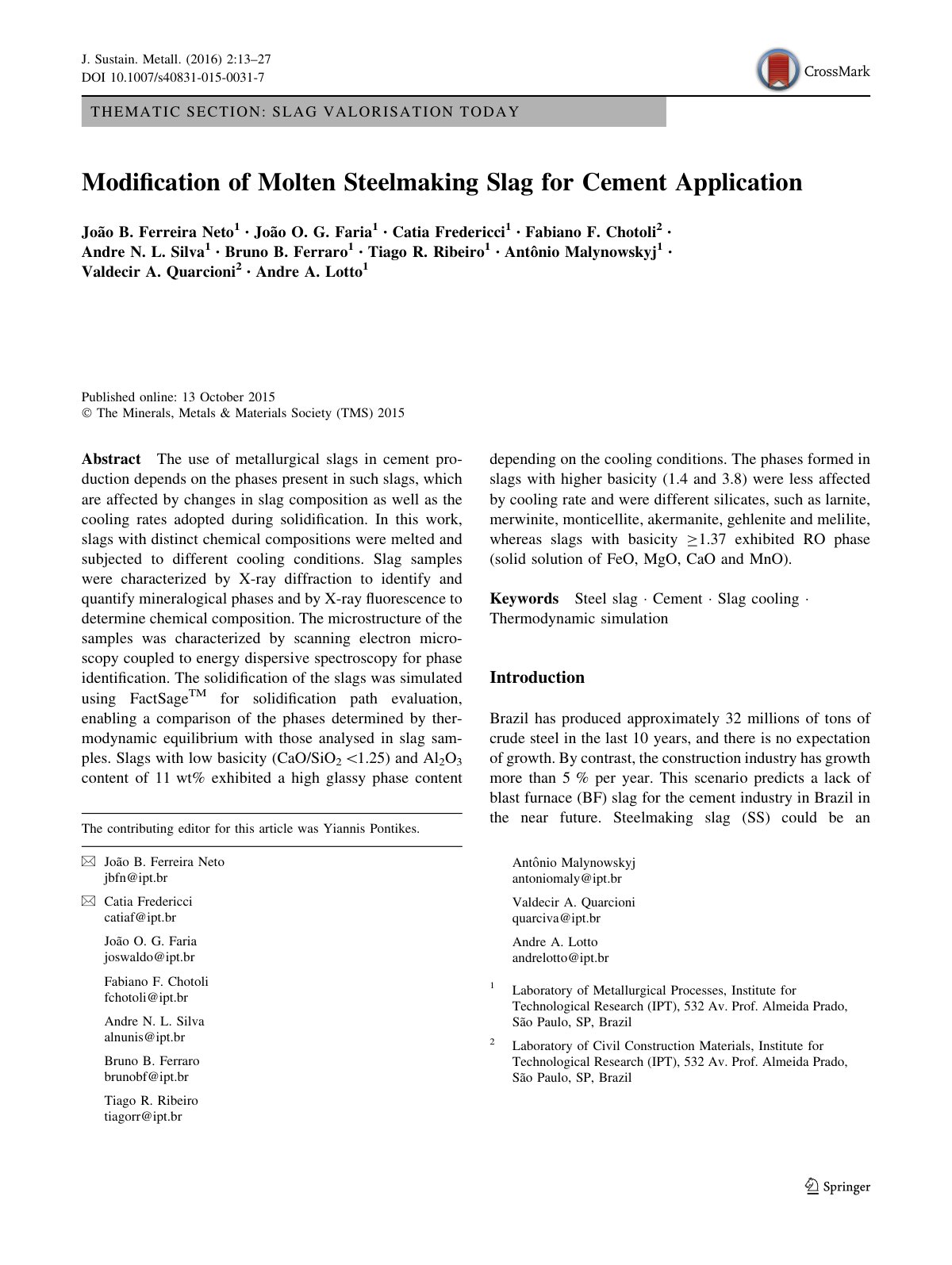 First page of Modification of Molten Steelmaking Slag for Cement Application