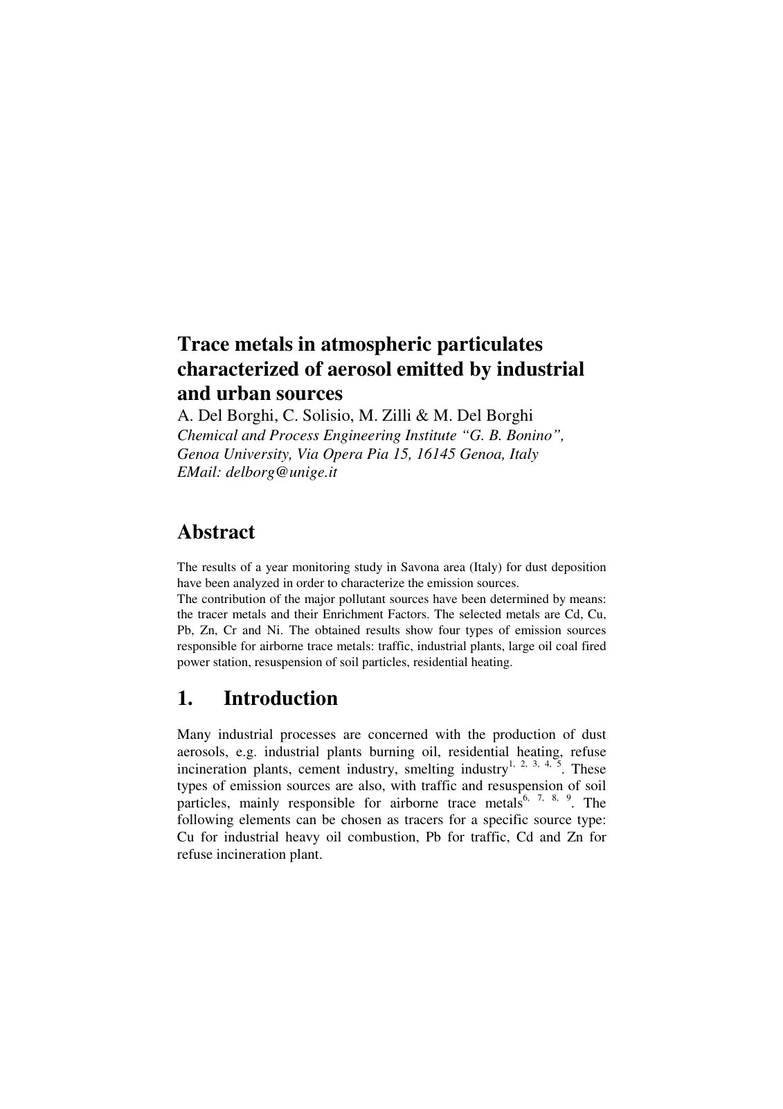 First page of Trace metals in atmospheric particulates characterized of aerosol emitted by industrial and urban sources