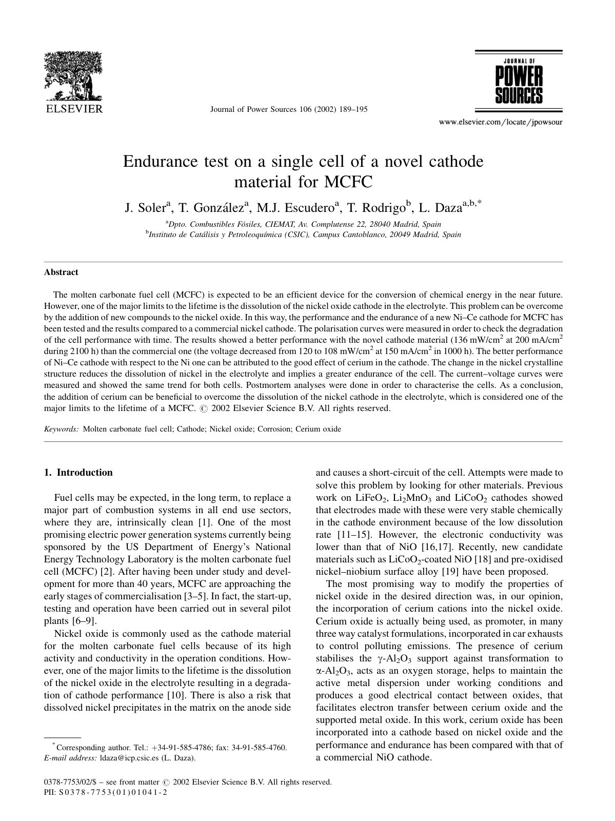 First page of Endurance test on a single cell of a nov