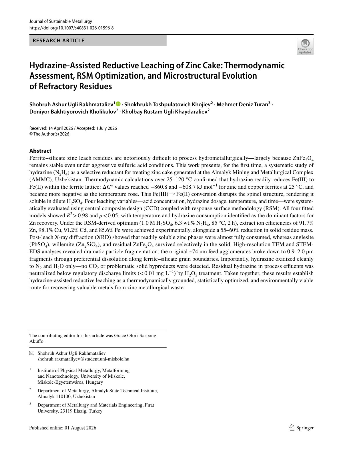 First page of 2026   Rakhmataliev   Hydrazine assisted reductive leaching of zinc cake