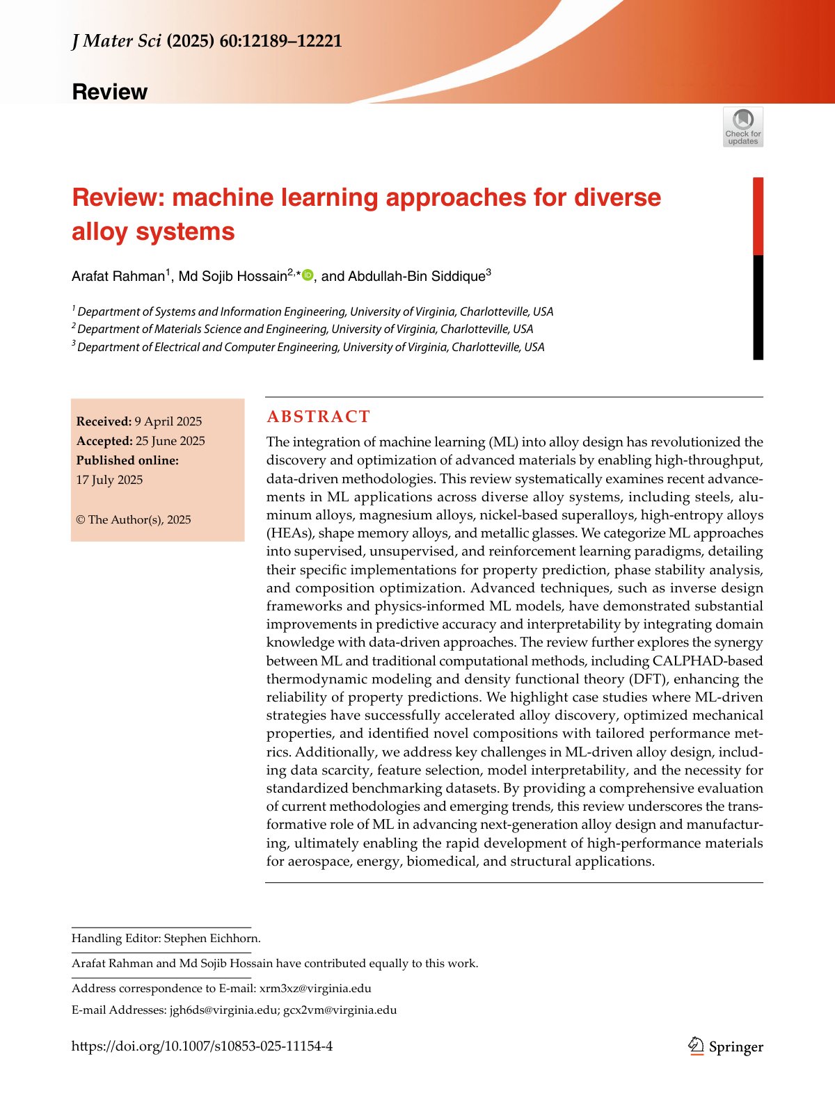 First page of Review: machine learning approaches for diverse alloy systems