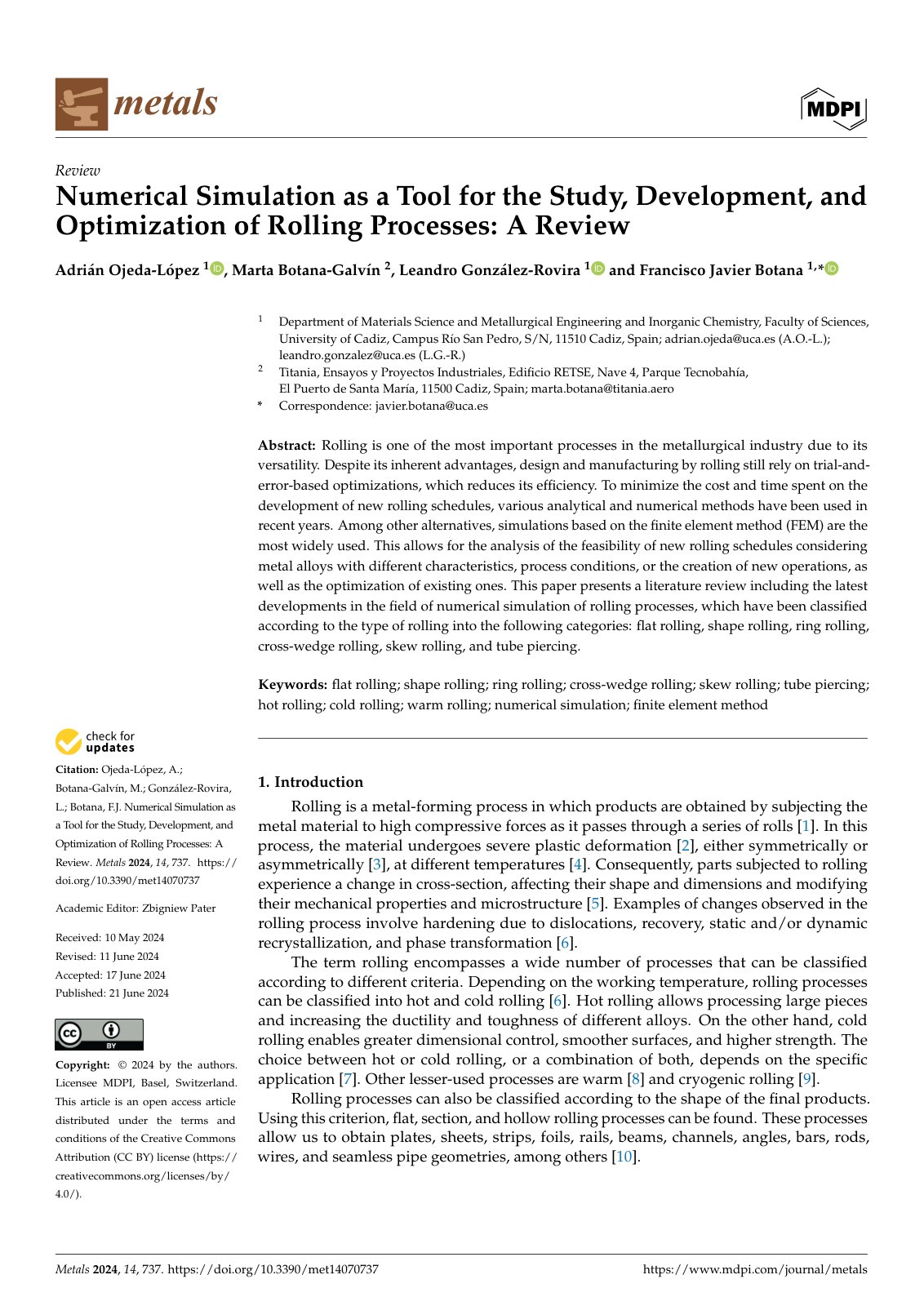 First page of Numerical Simulation as a Tool for the Study, Development, and Optimization of Rolling Processes: A Review